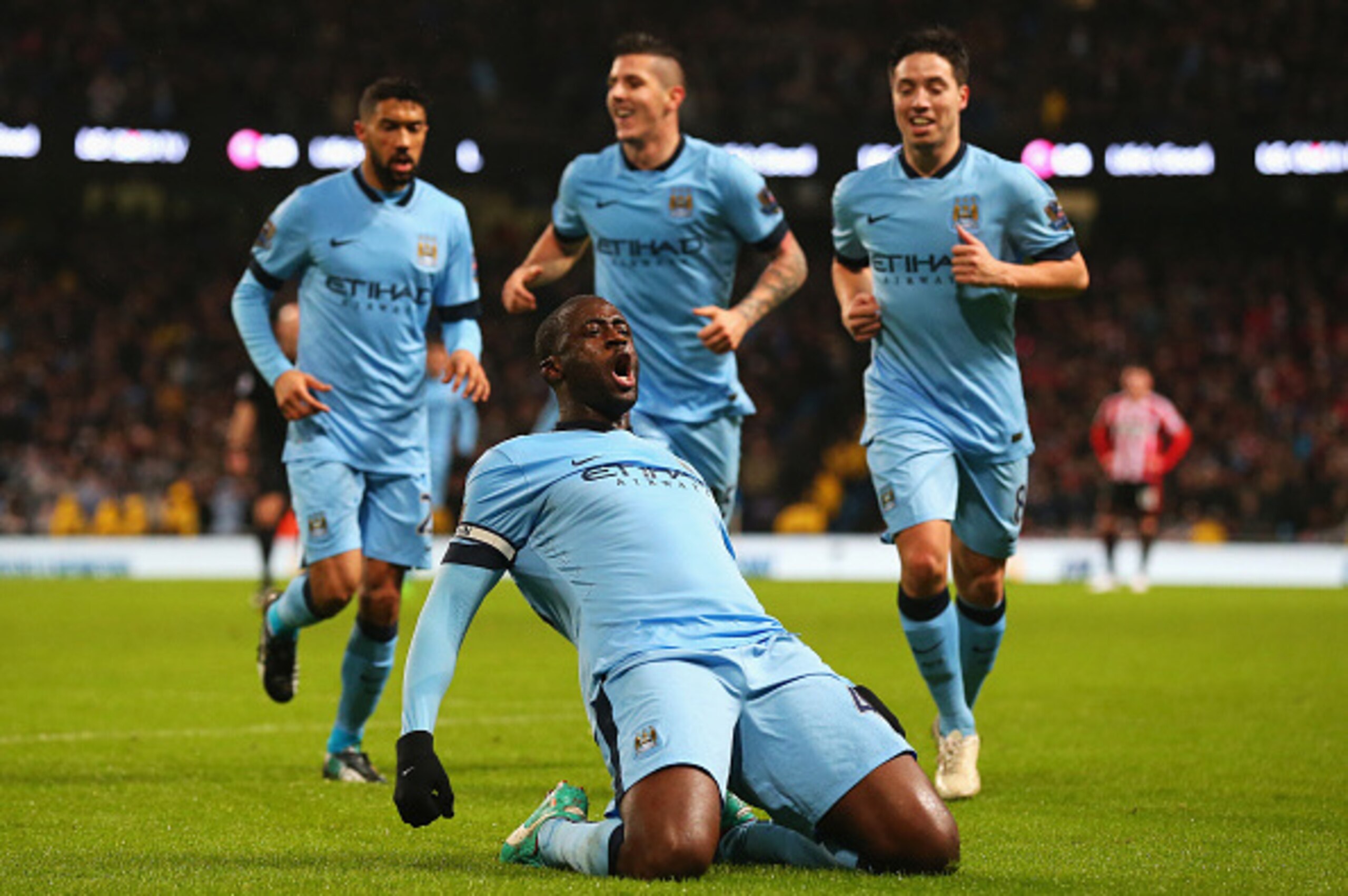 MANCHESTER, ENGLAND - JANUARY 01:  Yaya Toure of Manchester City celebrates the opening goal during the Barclays Premier League match between Manchester City and Sunderland at Etihad Stadium on January 1, 2015 in Manchester, England.  (Photo by Alex Lives