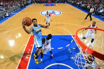 PHILADELPHIA, PA - FEBRUARY 3:  Wilson Chandler #21 of the Denver Nuggets goes up for the layup against the Philadelphia 76ers at Wells Fargo Center on February 3, 2015 in Philadelphia, Pennsylvania NOTE TO USER: User expressly acknowledges and agrees tha
