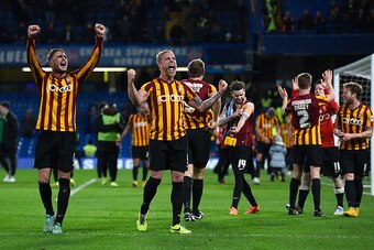 LONDON, ENGLAND - JANUARY 24:  Garry Liddle and Andrew Davies of Bradford celebrate at the end of the FA Cup Fourth Round match between Chelsea and Bradford City at Stamford Bridge on January 24, 2015 in London, England.  (Photo by Mike Hewitt/Getty Image