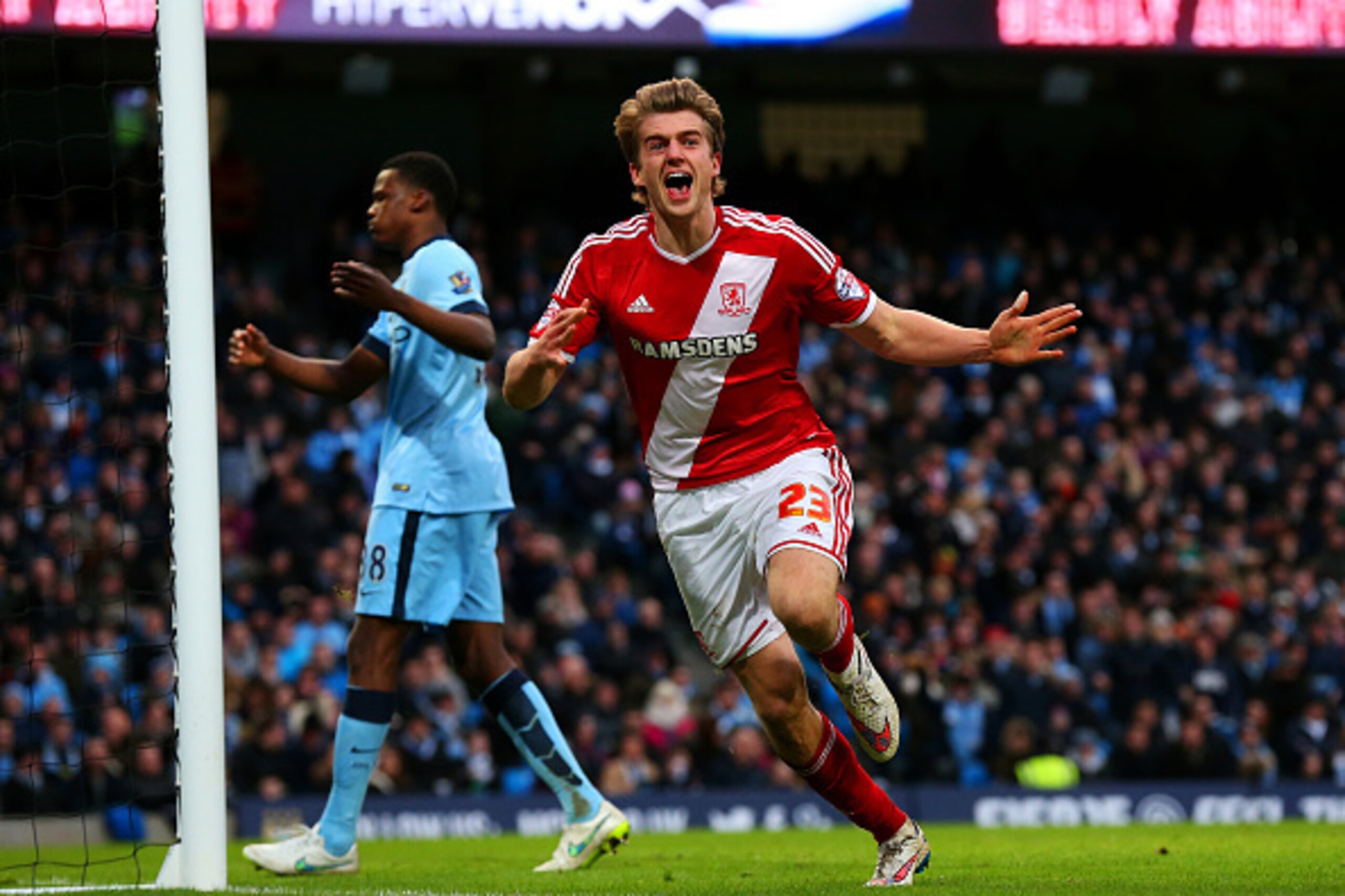 MANCHESTER, ENGLAND - JANUARY 24:  Patrick Bamford of Middlesbrough celebrates after scoring the opening goal during the FA Cup Fourth Round match between Manchester City and Middlesbrough at Etihad Stadium on January 24, 2015 in Manchester, England.  (Ph
