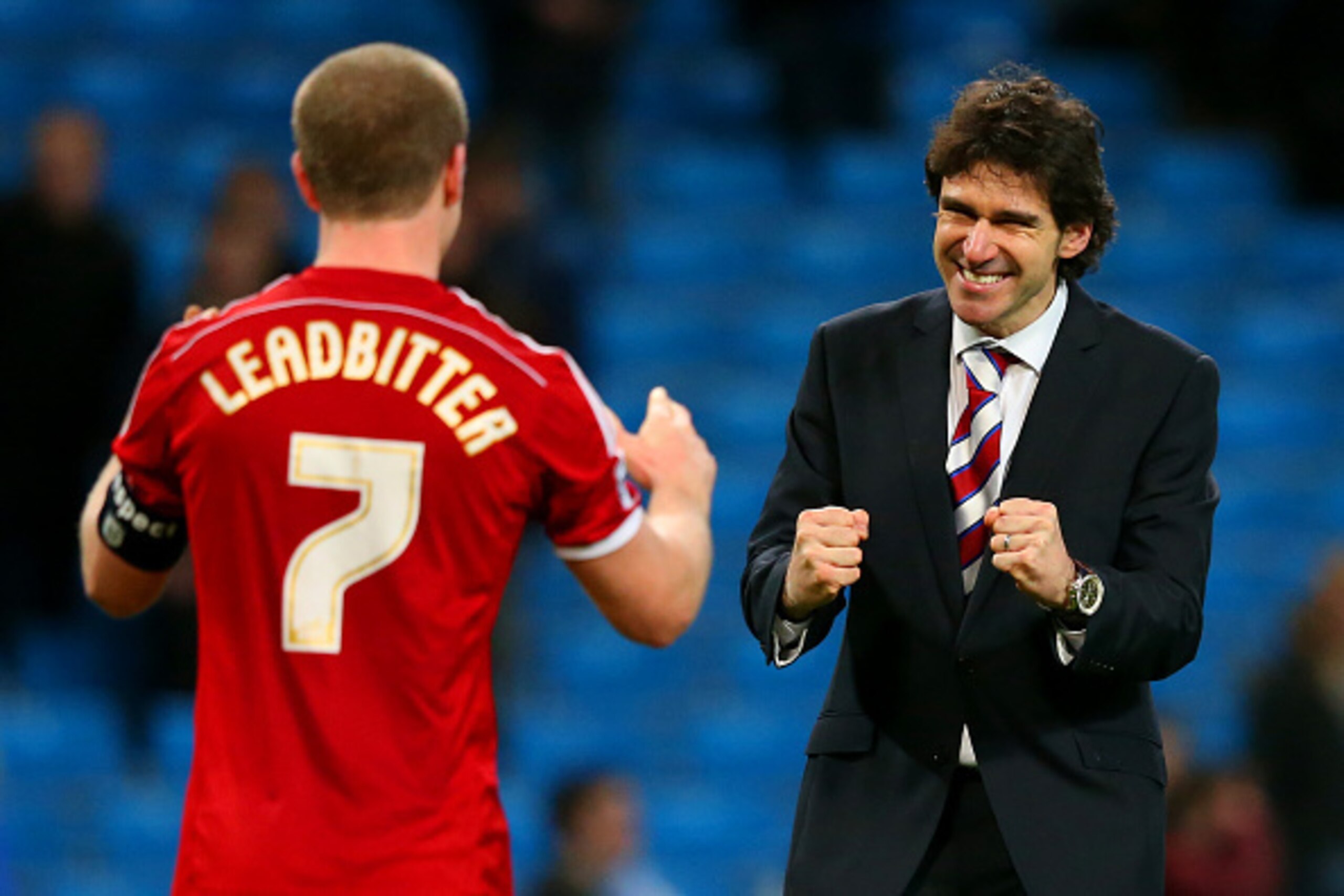 MANCHESTER, ENGLAND - JANUARY 24:  Aitor Karanka, manager of Middlesbrough celebrates with Grant Leadbitter after the FA Cup Fourth Round match between Manchester City and Middlesbrough at Etihad Stadium on January 24, 2015 in Manchester, England.  (Photo