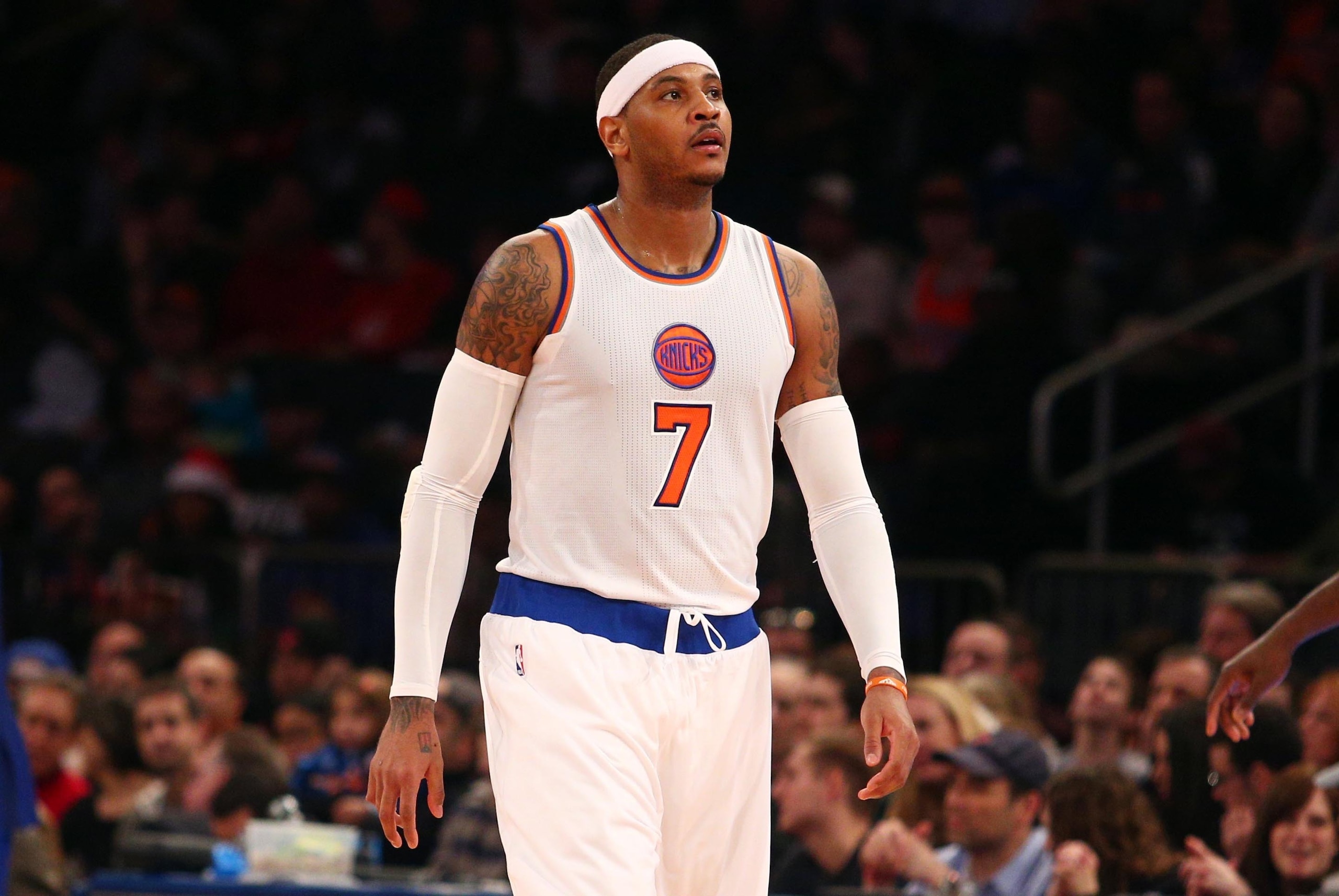 Dec 25, 2014; New York, NY, USA; New York Knicks small forward Carmelo Anthony (7) reacts against the Washington Wizards during the second quarter at Madison Square Garden. Mandatory Credit: Brad Penner-USA TODAY Sports