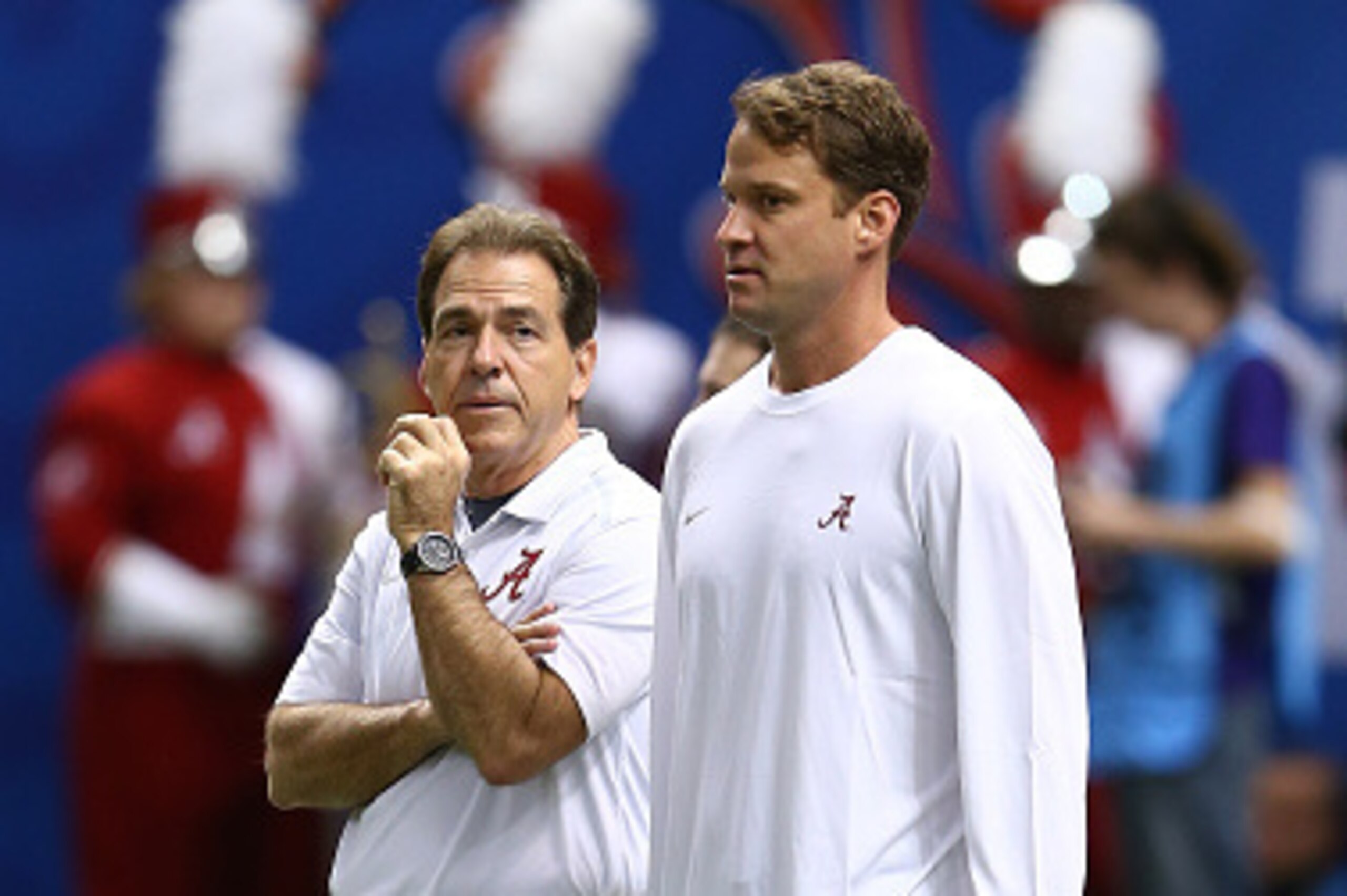 NEW ORLEANS, LA - JANUARY 01:  Head coach Nick Saban of the Alabama Crimson Tide looks on with  Lane Kiffin Offensive Coordinator on the field prior to the All State Sugar Bowl against the Ohio State Buckeyes at the Mercedes-Benz Superdome on January 1, 2