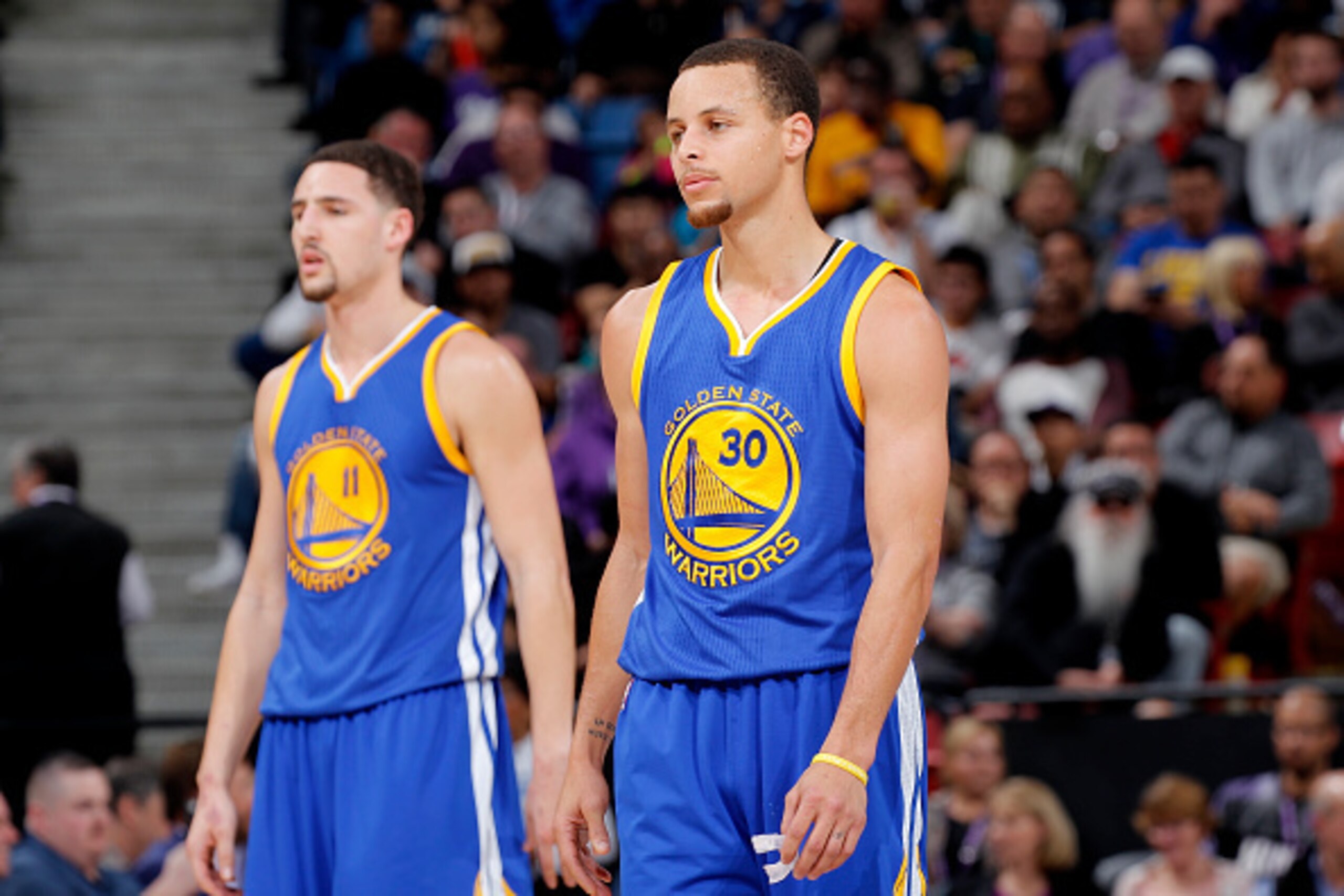 SACRAMENTO, CA - FEBRUARY 3: Stephen Curry #30 and Klay Thompson #11 of the Golden State Warriors face off against the Sacramento Kings on February 3, 2015 at Sleep Train Arena in Sacramento, California. NOTE TO USER: User expressly acknowledges and agree SACRAMENTO, CA - FEBRUARY 3: Stephen Curry #30 and Klay Thompson #11 of the Golden State Warriors face off against the Sacramento Kings on February 3, 2015 at Sleep Train Arena in Sacramento, California. NOTE TO USER: User expressly acknowledges and agree