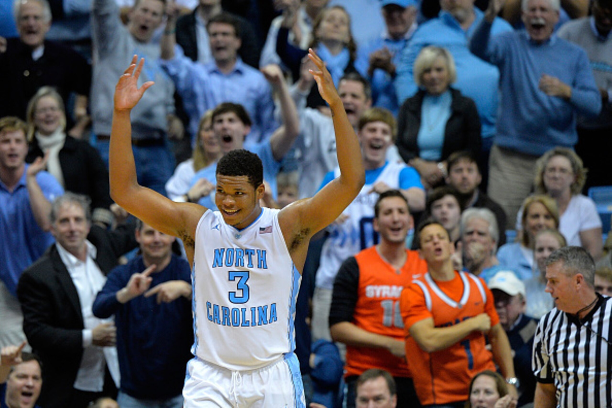 CHAPEL HILL, NC - JANUARY 26:  Kennedy Meeks #3 of the North Carolina Tar Heels reacts during a win against the Syracuse Orange at the Dean Smith Center on January 26, 2015 in Chapel Hill, North Carolina. North Carolina won 93-83.  (Photo by Grant Halvers