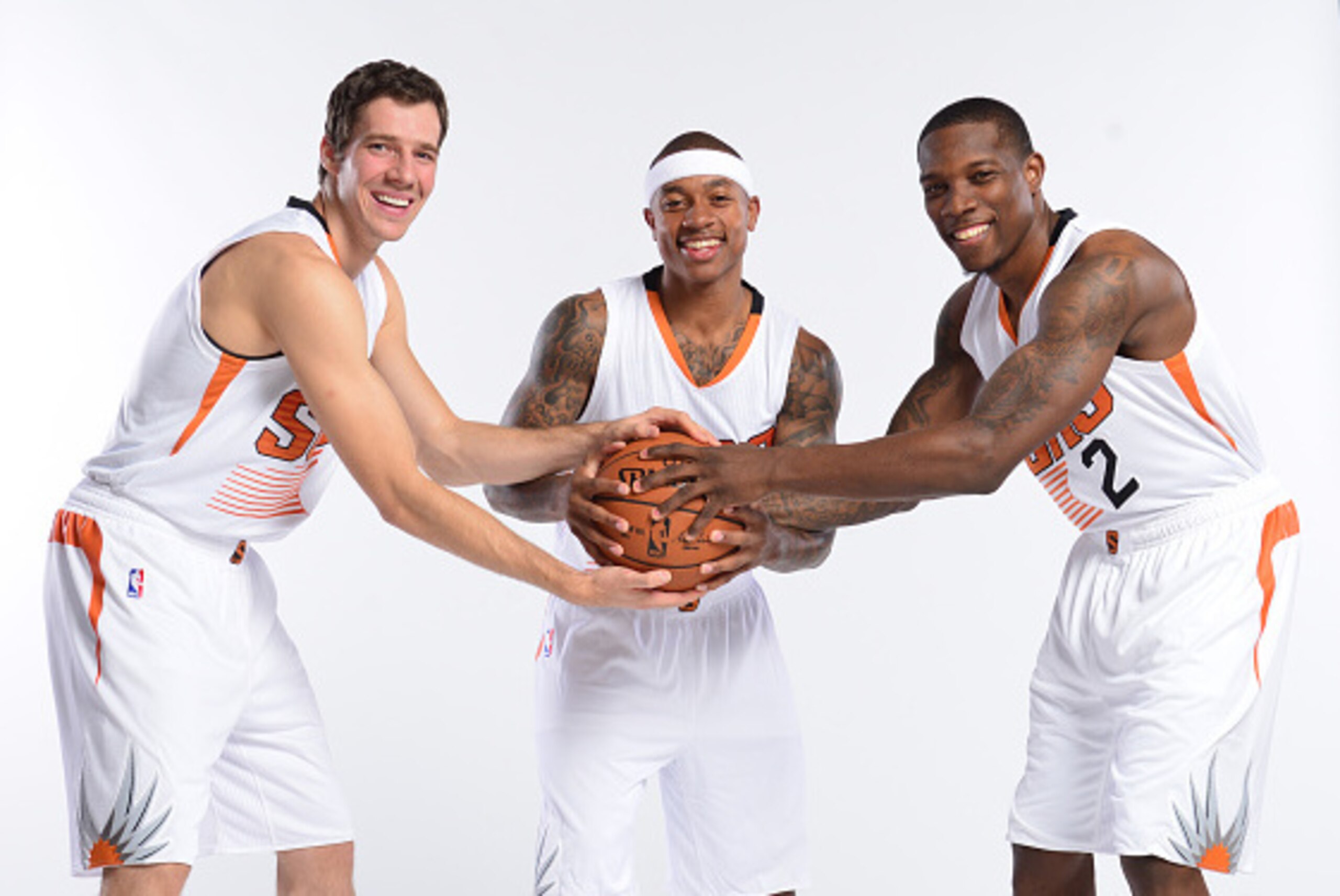 PHOENIX, AZ - SEPTEMBER 29: Goran Dragic #1,  Isaiah Thomas #3 and Eric Bledsoe #2 of the Phoenix Suns pose for a photo during Phoenix Suns Media Day on September 29, 2014 at U.S. Airways Center in Phoenix, Arizona. NOTE TO USER: User expressly acknowledg