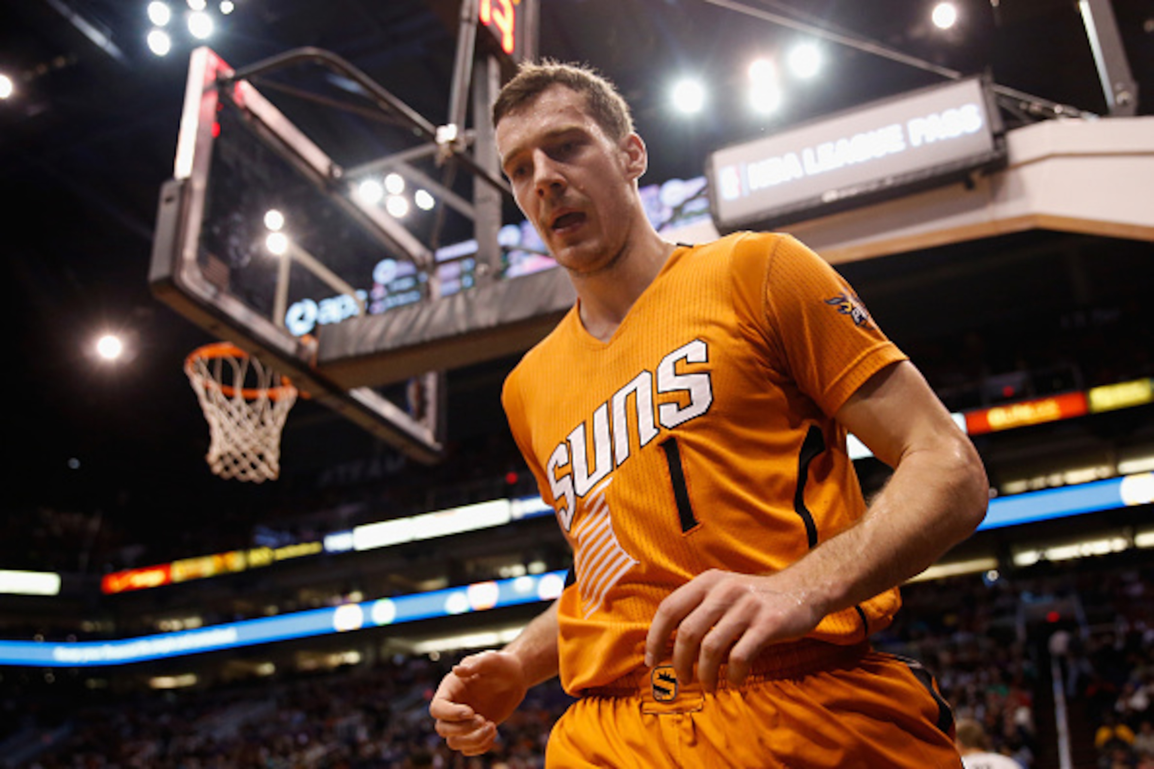 PHOENIX, AZ - JANUARY 30:  Goran Dragic #1 of the Phoenix Suns reacts after drawing a foul during the second half of the NBA game against the Chicago Bulls at US Airways Center on January 30, 2015 in Phoenix, Arizona. The Suns defeated the Bulls 99-93. NO