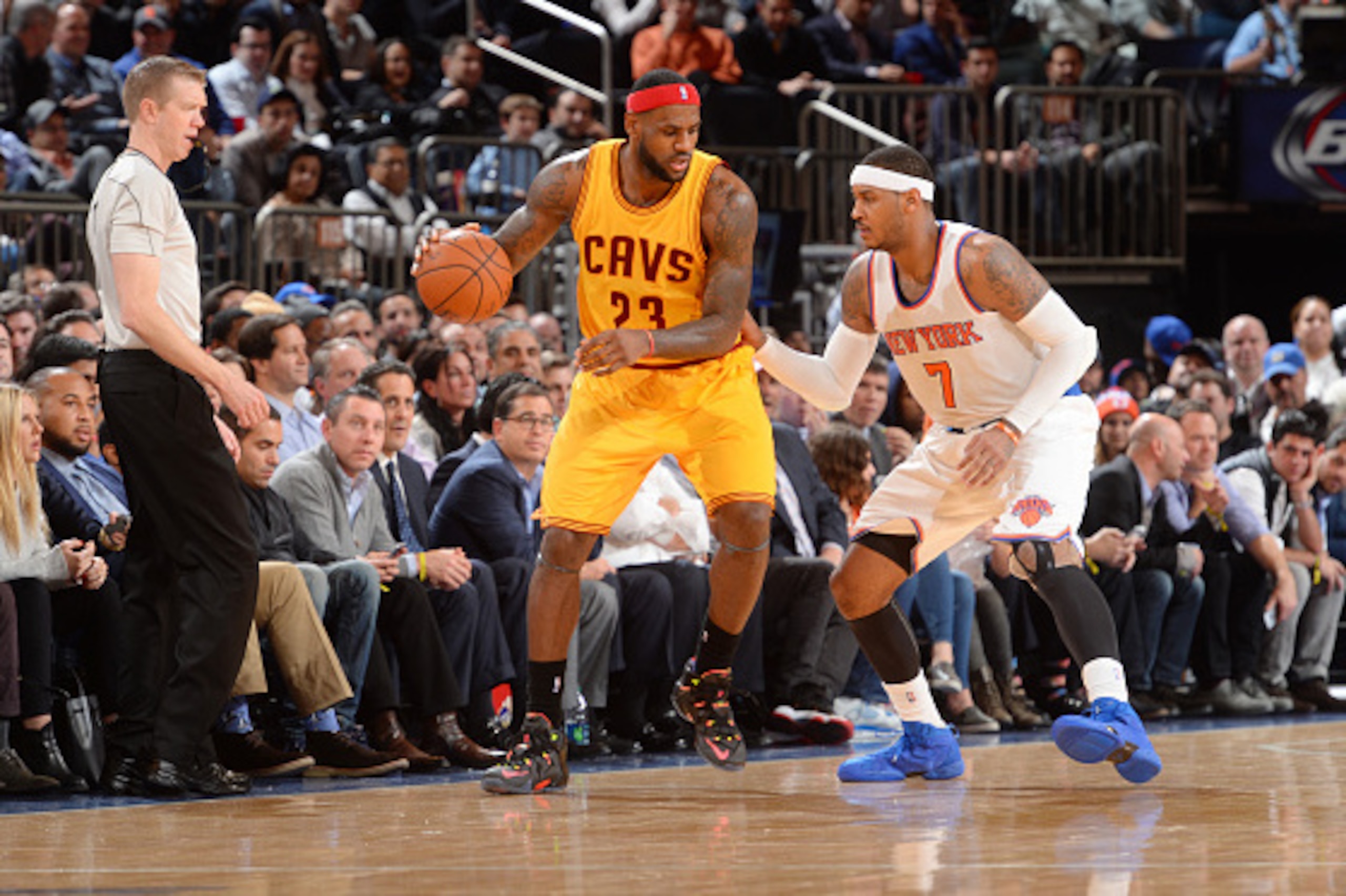 NEW YORK, NY - December 4: LeBron James #23 of the Cleveland Cavaliers defends the ball against Carmelo Anthony #7 of the New York Knicks during the game on December 4, 2014 at Madison Square Garden in New York City, New York. NOTE TO USER: User expressly