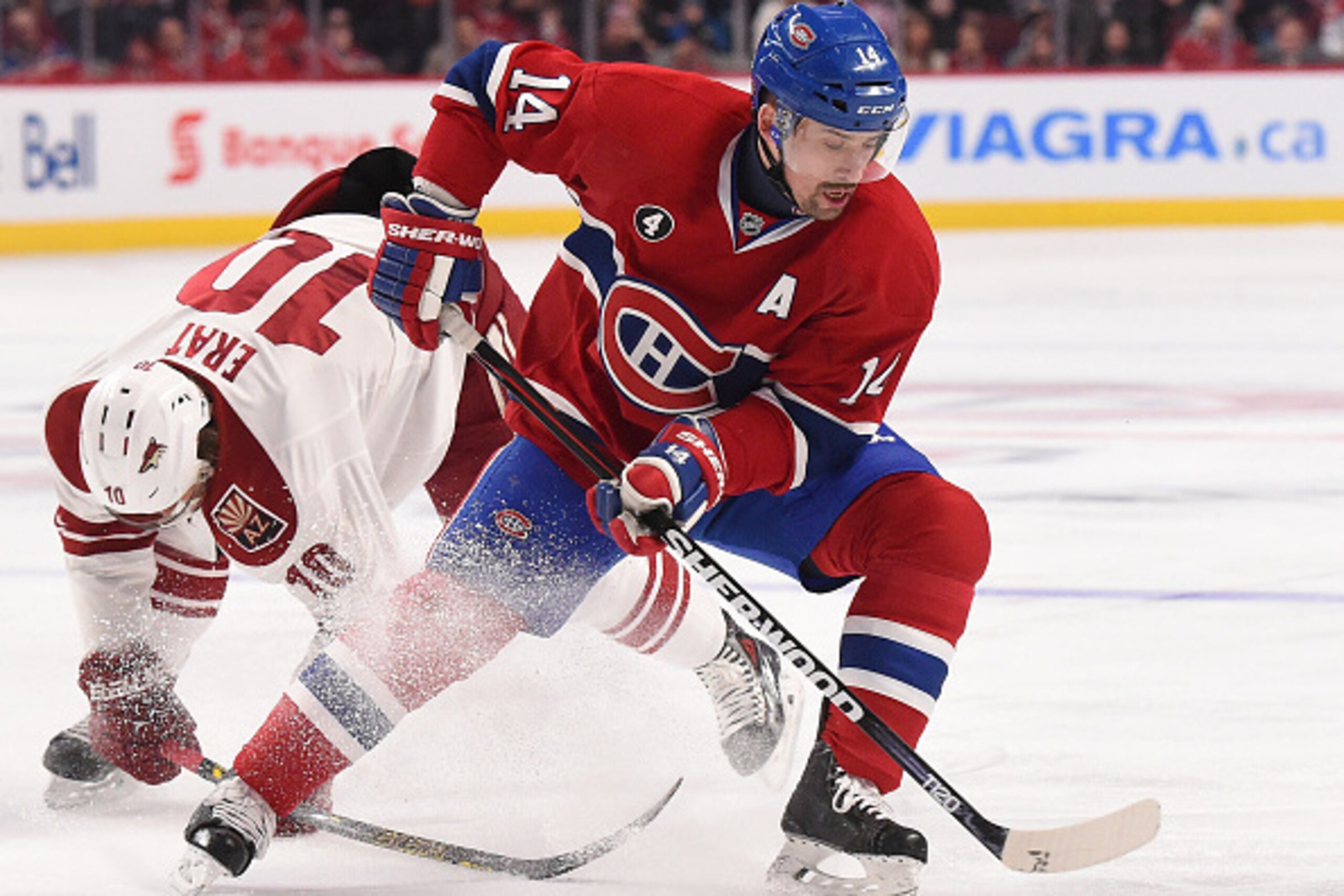 MONTREAL, QC - FEBRUARY 1: Tomas Plekanec #14 of the Montreal Canadiens controls the puck against the Phoenix Coyotes in the NHL game at the Bell Centre on February 1, 2015 in Montreal, Quebec, Canada. (Photo by Francois Lacasse/NHLI via Getty Images)