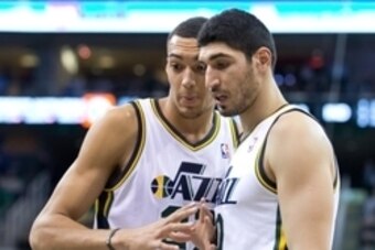 Dec 4, 2013; Salt Lake City, UT, USA; Utah Jazz center Rudy Gobert (27) talks with center Enes Kanter (0) during the second half against the Indiana Pacers at EnergySolutions Arena. Indiana won 95-86. Mandatory Credit: Russ Isabella-USA TODAY Sports