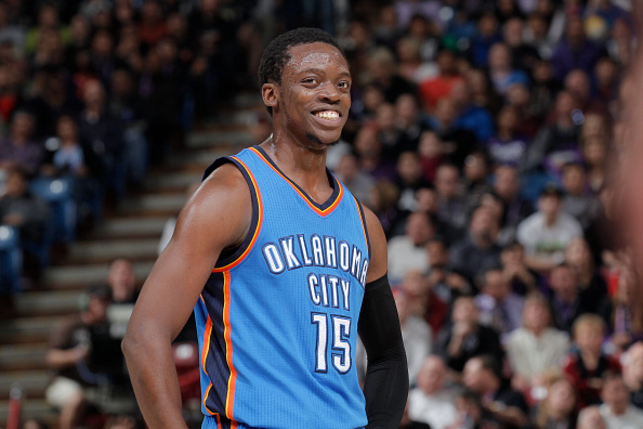 SACRAMENTO, CA - JANUARY 7: Reggie Jackson #15 of the Oklahoma City Thunder looks on during the game against the Sacramento Kings on January 7, 2015 at Sleep Train Arena in Sacramento, California. NOTE TO USER: User expressly acknowledges and agrees that,