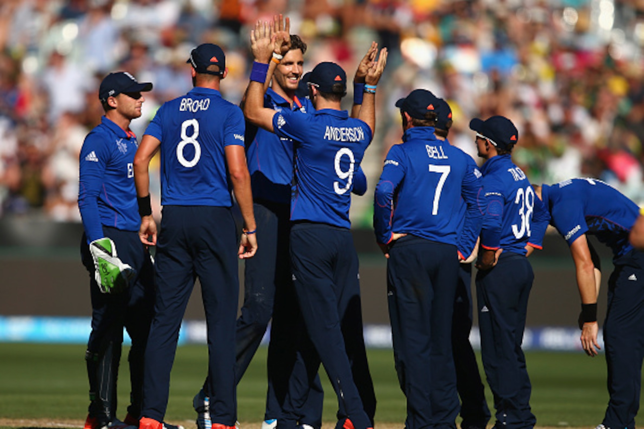 MELBOURNE, AUSTRALIA - FEBRUARY 14:  Steven Finn of England celebrates after taking the wicket of George Bailey of Australia during the 2015 ICC Cricket World Cup match between England and Australia at Melbourne Cricket Ground on February 14, 2015 in Melb