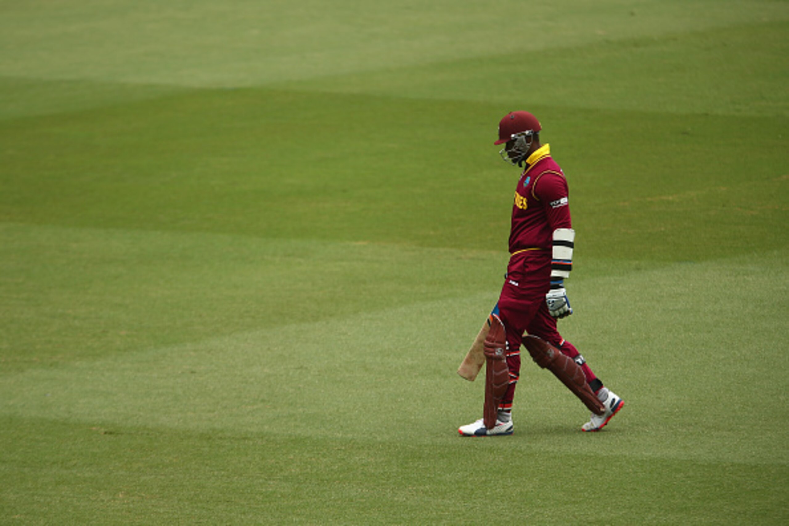 SYDNEY, AUSTRALIA - FEBRUARY 09:  Darren Bravo of West Indies leaves the field after being dismissed first ball during the ICC Cricket World Cup warm up match between England and the West Indies at Sydney Cricket Ground on February 9, 2015 in Sydney, Aust