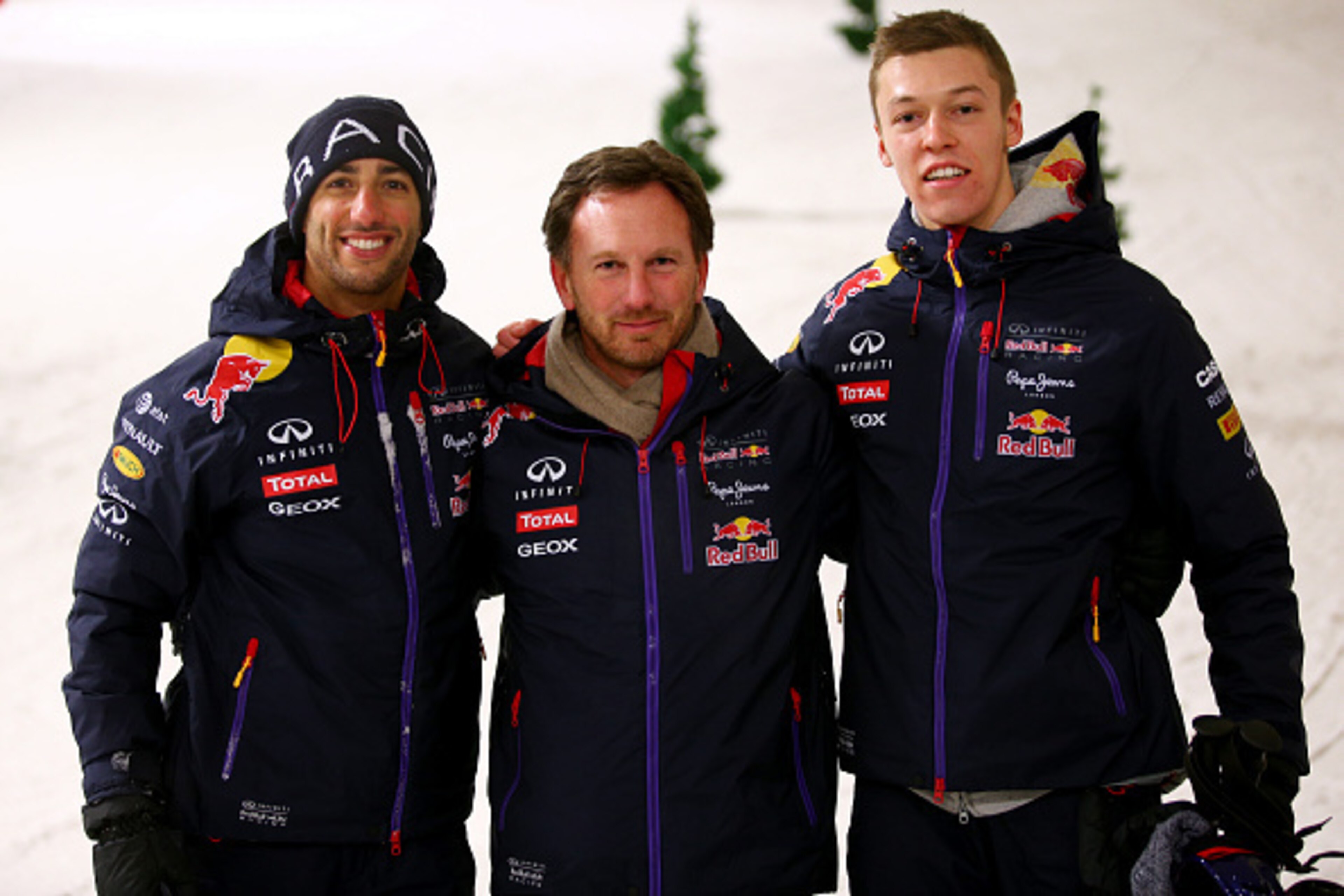 MILTON KEYNES, ENGLAND - JANUARY 27:  Infiniti Red Bull Racing Team Principal Christian Horner poses with Daniel Ricciardo of Australia and Infiniti Red Bull Racing and Daniil Kvyat of Russia and Infiniti Red Bull Racing during the Red Bull Racing - Meet 