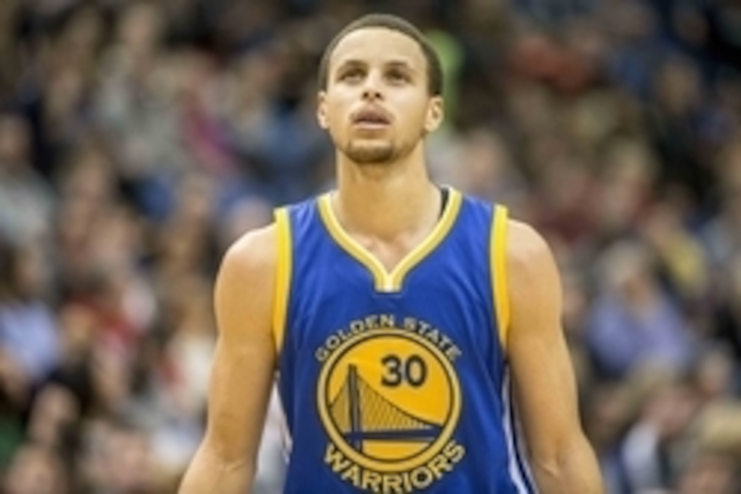 Feb 11, 2015; Minneapolis, MN, USA; Golden State Warriors guard Stephen Curry (30) looks on during the second half against the Minnesota Timberwolves at Target Center. The Warriors won 94-91. Mandatory Credit: Jesse Johnson-USA TODAY Sports