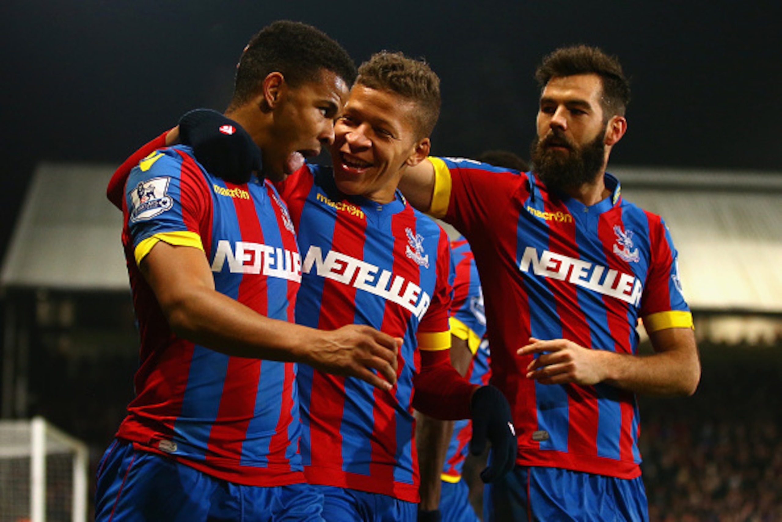 LONDON, ENGLAND - FEBRUARY 11:  Fraizer Campbell of Crystal Palace (L) celebrates scoring their first goal  with Dwight Gayle and Joe Ledley of Crystal Palace  during the Barclays Premier League match between Crystal Palace and Newcastle United at Selhurs