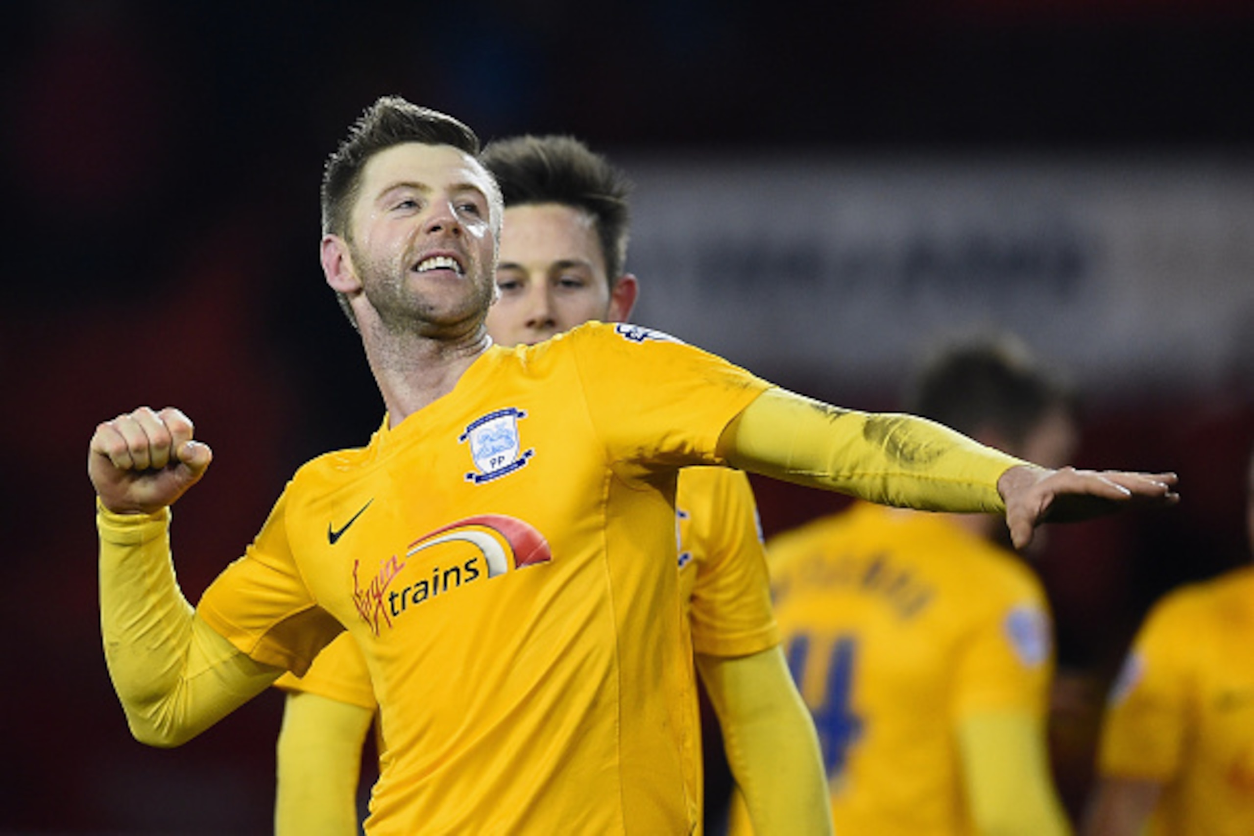 SHEFFIELD, ENGLAND - FEBRUARY 03:  Paul Gallagher of Preston North End celebrates victory at the end of the FA Cup Fourth Round Replay match between Shefield United and Preston North End at Bramall Lane on February 3, 2015 in Sheffield, England.  (Photo b