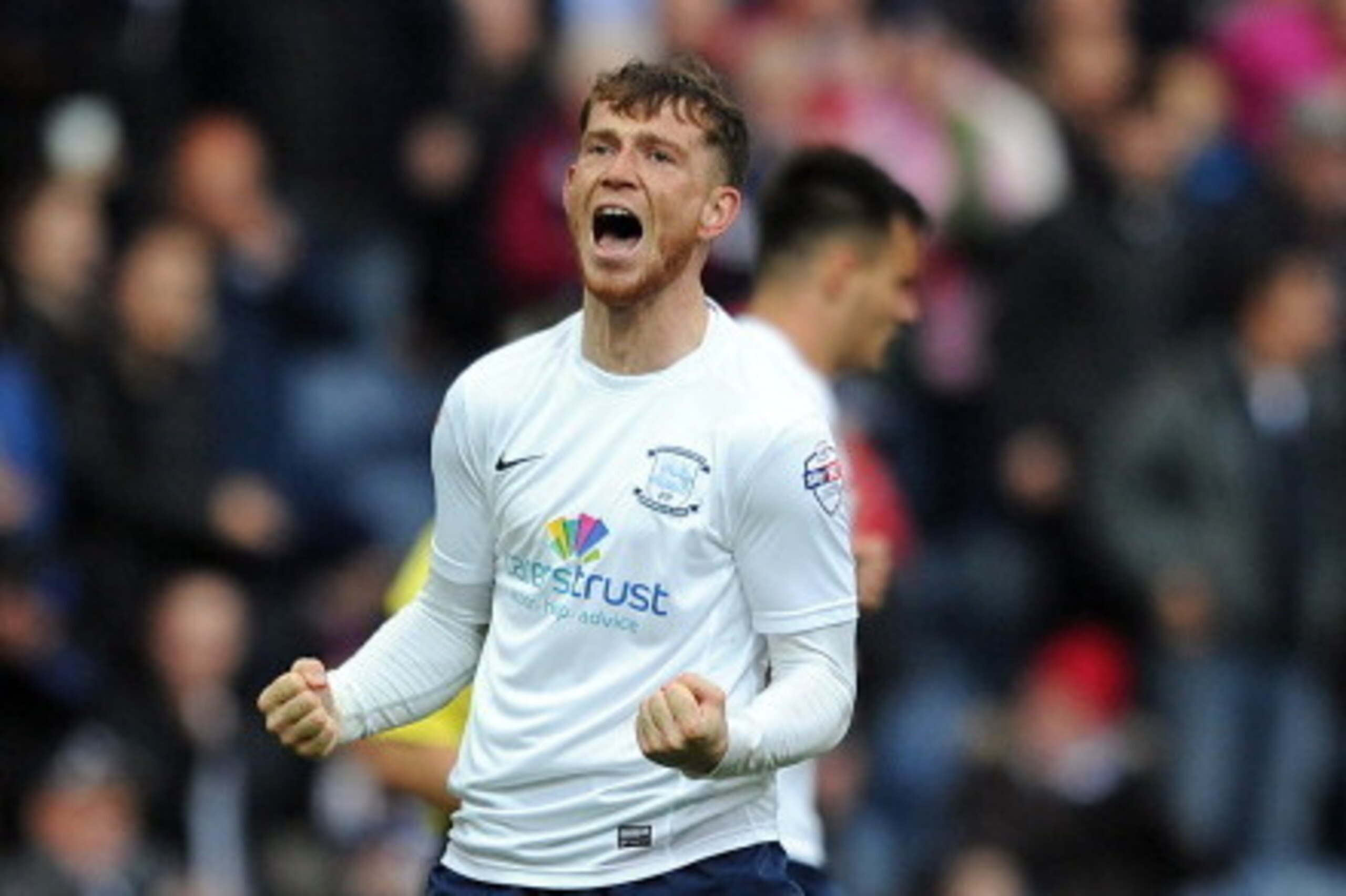 PRESTON, ENGLAND - MAY 10: Joe Garner of Preston North End celebrates scoring their goal during the Sky Bet League One Play Off Semi Final first leg match against Rotherham United at Deepdale on May 10, 2014 in Preston, England. (Photo by Chris Brunskill/
