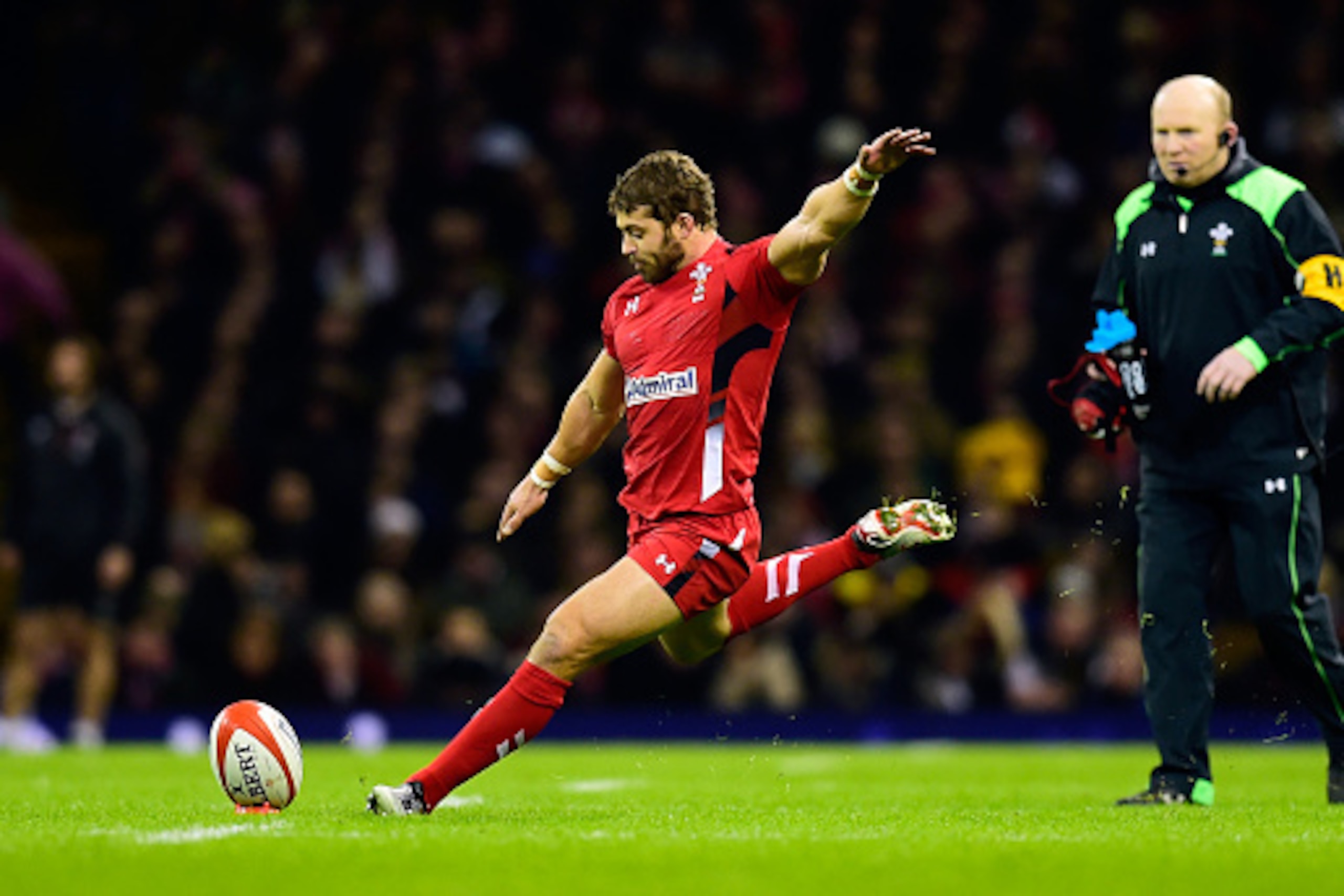 CARDIFF, WALES - FEBRUARY 06:  Wales player Leigh Halfpenny kicks a penalty during the RBS Six Nations match between Wales and England at Millenium Stadium on February 6, 2015 in Cardiff, Wales.  (Photo by Stu Forster/Getty Images)
