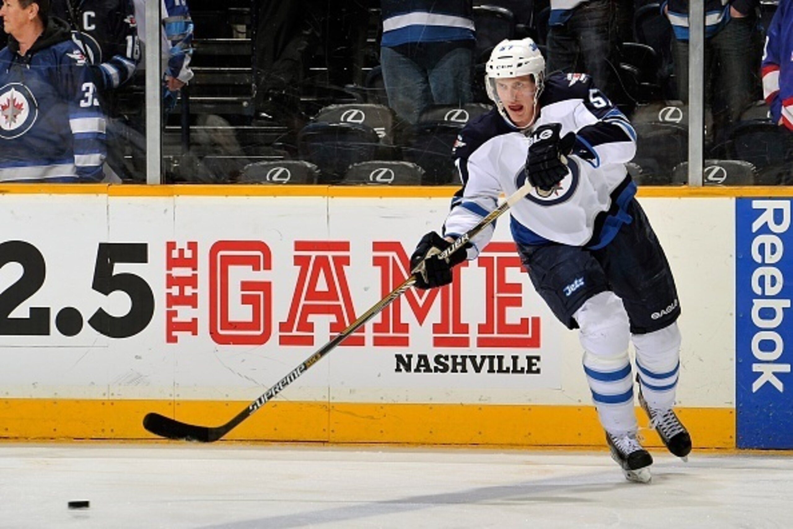 NASHVILLE, TN - FEBRUARY 12: Tyler Myers #57 of the Winnipeg Jets skates prior to a game against the Nashville Predators at Bridgestone Arena on February 12, 2015 in Nashville, Tennessee. (Photo by Frederick Breedon/Getty Images) NASHVILLE, TN - FEBRUARY 12: Tyler Myers #57 of the Winnipeg Jets skates prior to a game against the Nashville Predators at Bridgestone Arena on February 12, 2015 in Nashville, Tennessee. (Photo by Frederick Breedon/Getty Images)
