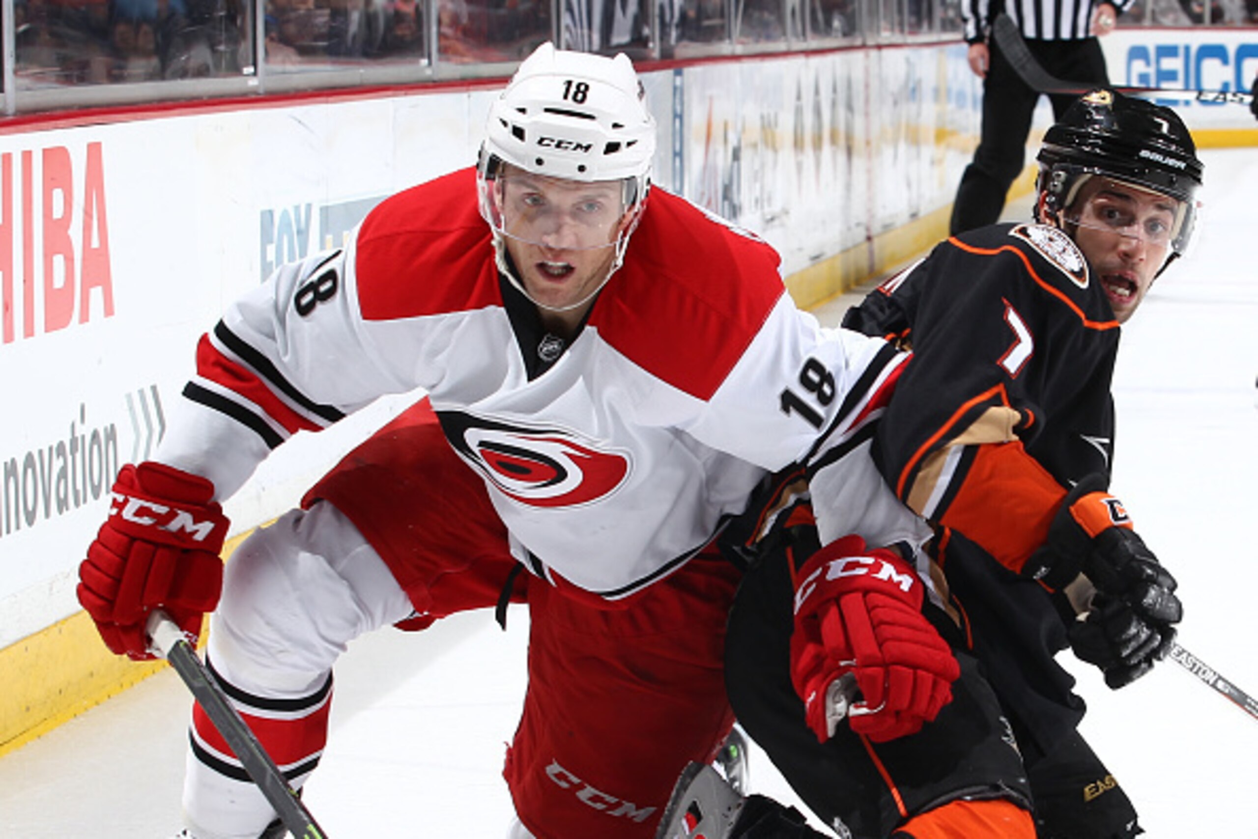 ANAHEIM, CA - FEBRUARY 3: Jay McClement #18 of the Carolina Hurricanes battles for position against Andrew Cogliano #7 of the Anaheim Ducks on February 3, 2015 at Honda Center in Anaheim, California. (Photo by Debora Robinson/NHLI via Getty Images) ANAHEIM, CA - FEBRUARY 3: Jay McClement #18 of the Carolina Hurricanes battles for position against Andrew Cogliano #7 of the Anaheim Ducks on February 3, 2015 at Honda Center in Anaheim, California. (Photo by Debora Robinson/NHLI via Getty Images)