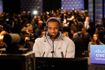 NEW YORK - FEBRUARY 13:  LeBron James #23 of the Cleveland Cavaliers during media availability at 2015 NBA All Star Weekend on February 13, 2015 in New York. NOTE TO USER: User expressly acknowledges and agrees that, by downloading and/or using this photo