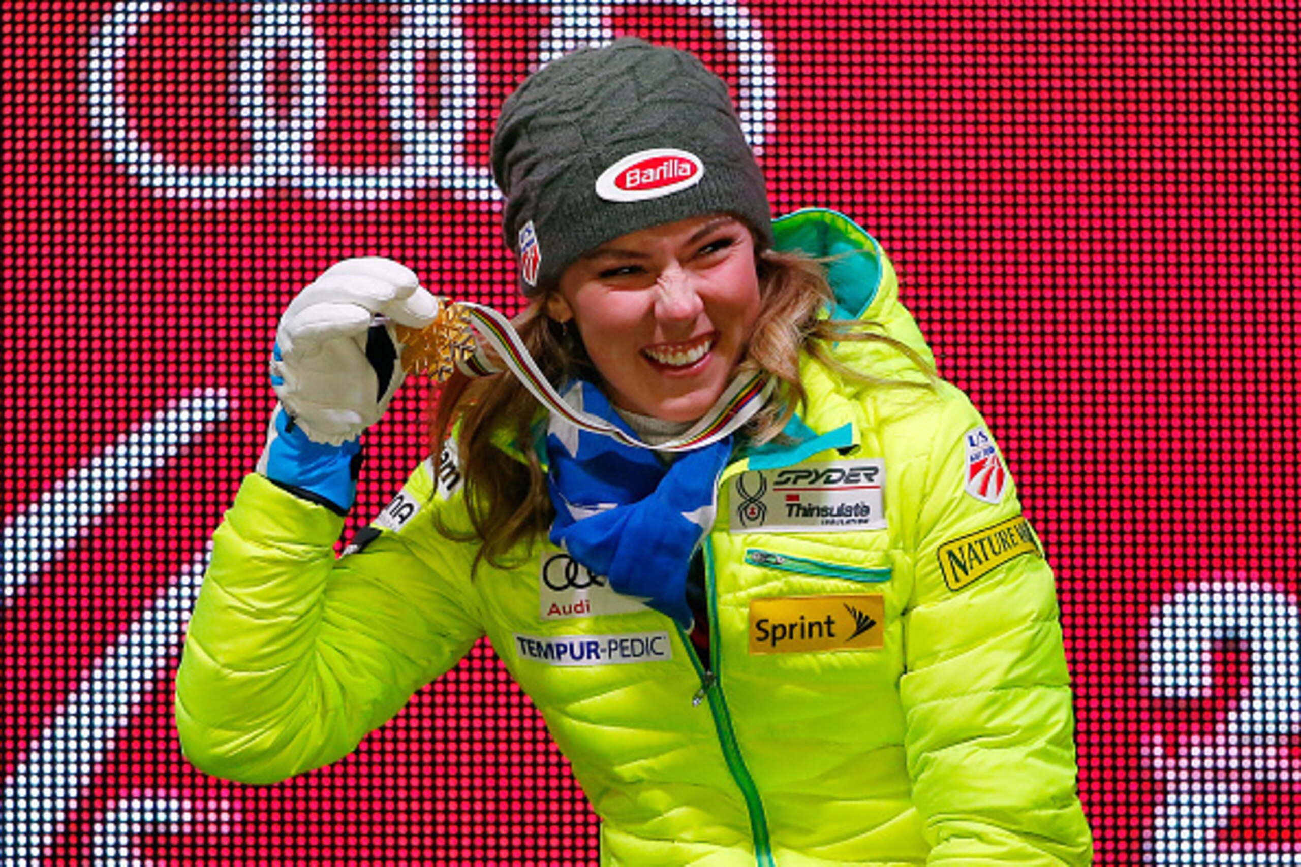 VAIL, CO - FEBRUARY 14:  Gold medalist Mikaela Shiffrin of the United States stands on the podium during the Ladies' Slalom Medals Ceremony in Championships Plaza on Day 13 of the 2015 FIS Alpine World Ski Championships on February 14, 2015 in Vail, Color