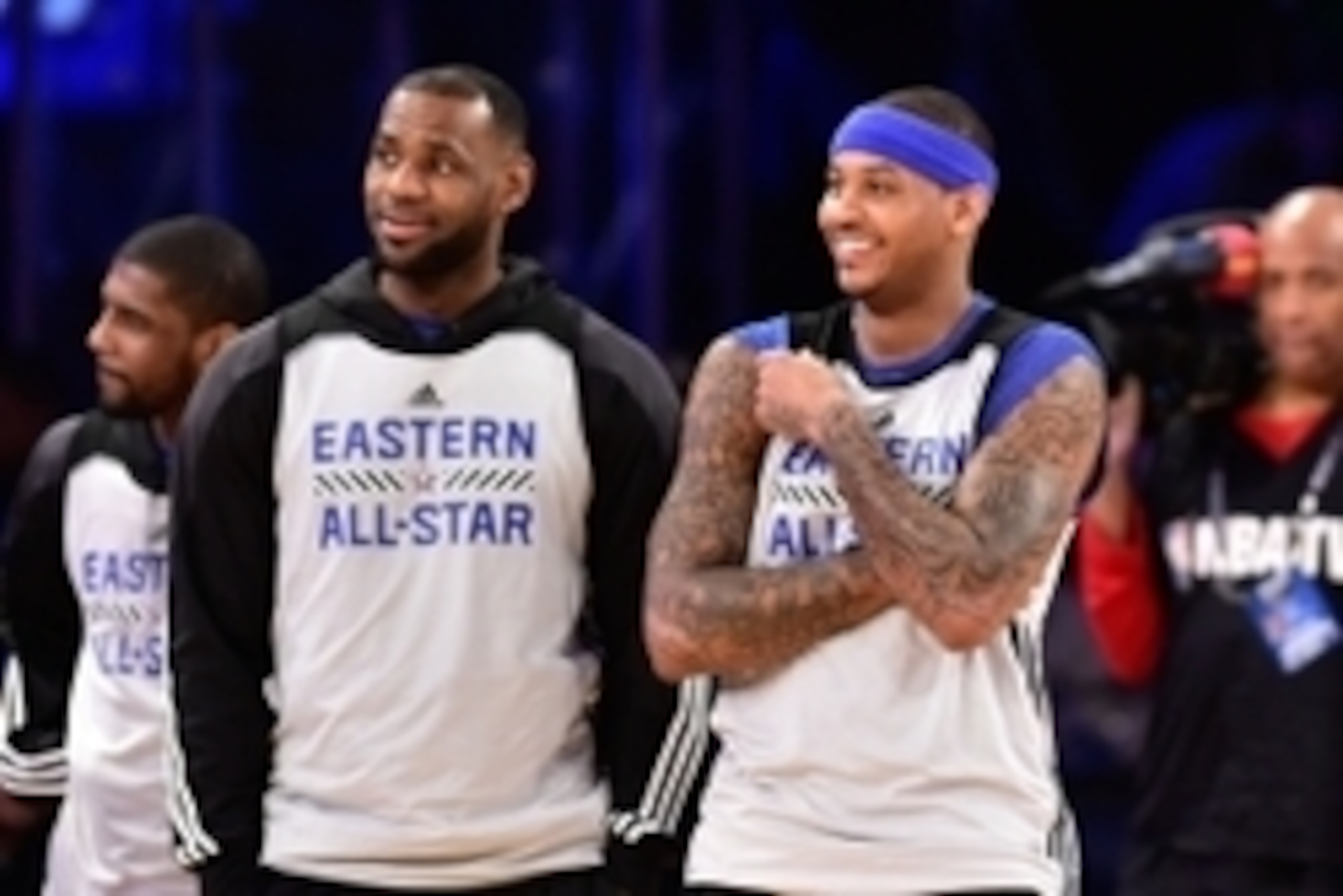 Feb 14, 2015; New York, NY, USA; Eastern Conference forward LeBron James of the Cleveland Cavaliers (23, left) and forward Carmelo Anthony of the New York Knicks (7, right) during practice at Madison Square Garden. Mandatory Credit: Bob Donnan-USA TODAY S