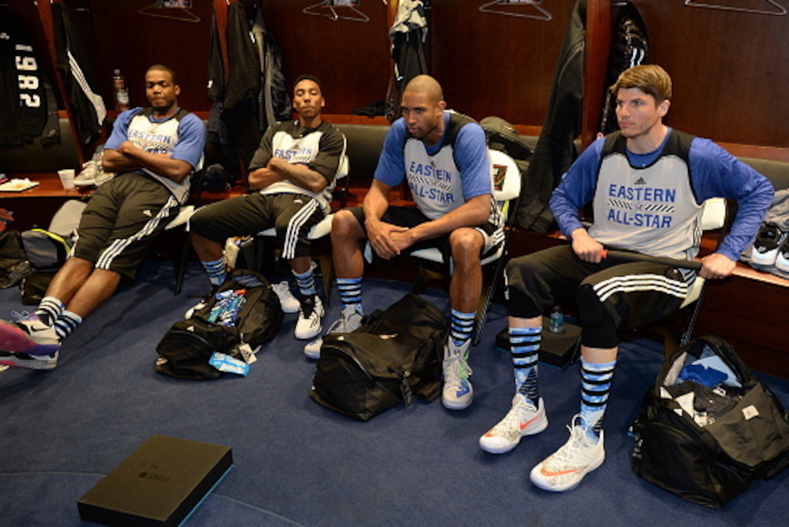 NEW YORK, NY - FEBRUARY 14:  Paul Millsap, Jeff Teague, Kyle Korver and Al Horford of the Eastern Conference get ready before NBA All-Star Practice as part of 2015 All-Star Weekend at Madison Square Garden on February 14, 2015 in New York, New York. NOTE