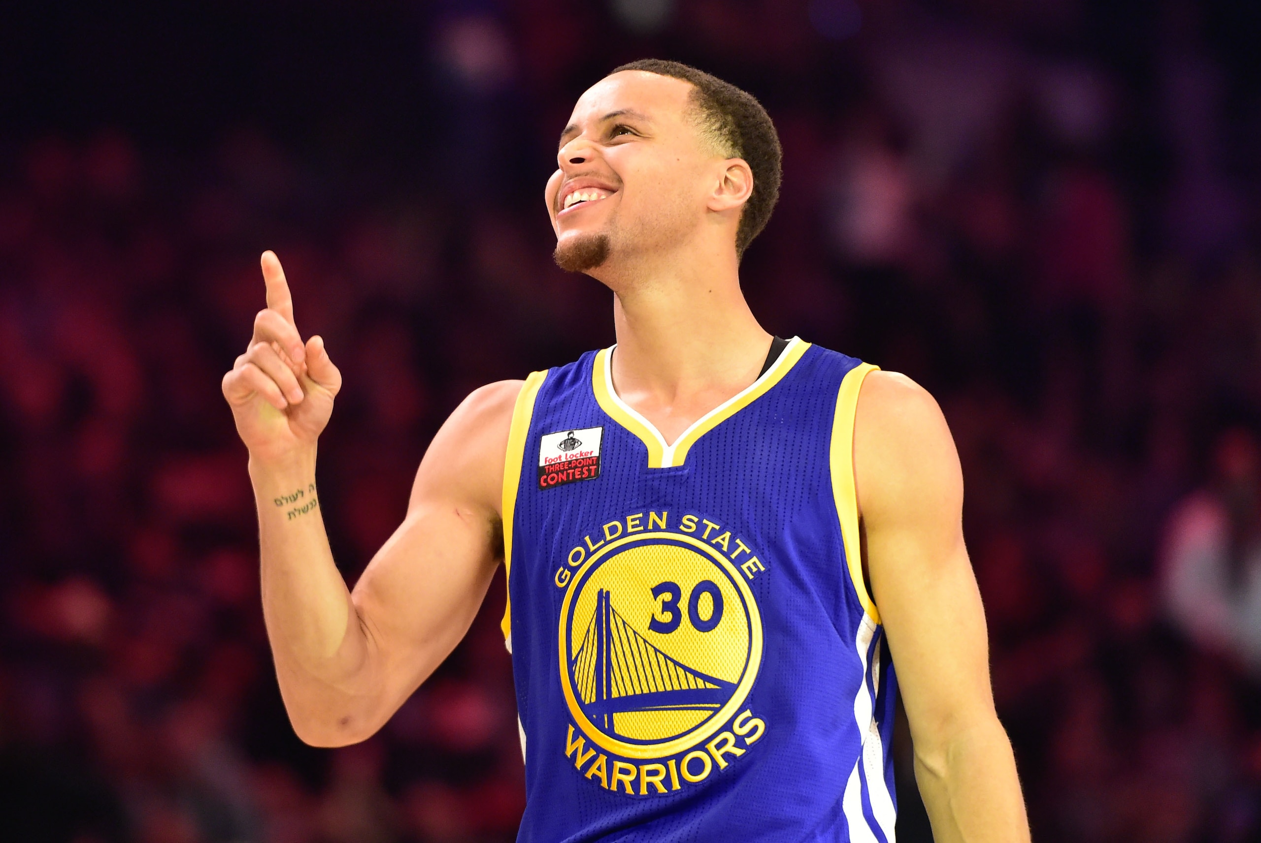 Feb 14, 2015; New York, NY, USA; Golden State Warriors guard Stephen Curry (30) celebrates during the 2015 NBA All Star Three Point Contest competition at Barclays Center. Mandatory Credit: Bob Donnan-USA TODAY Sports