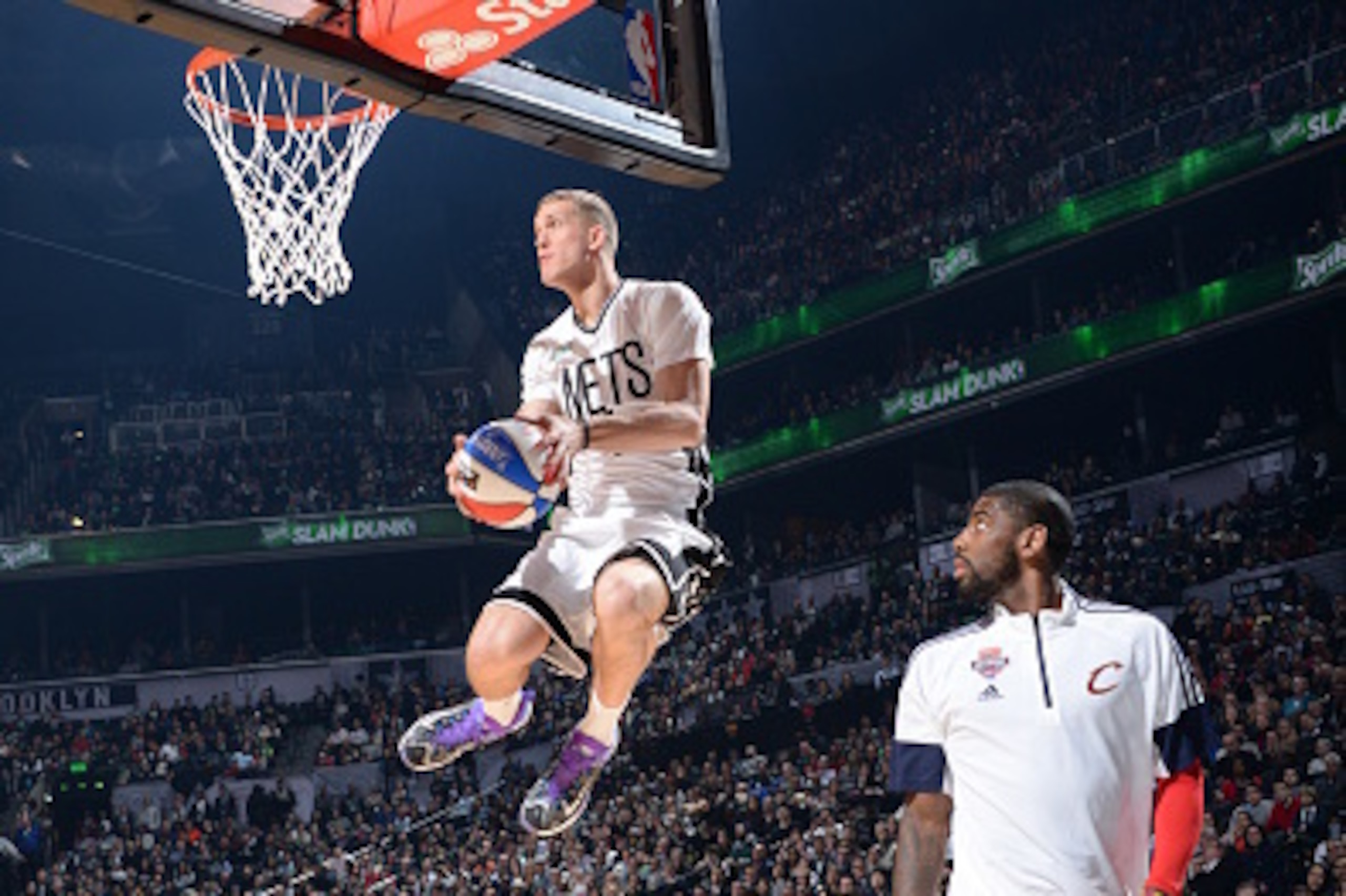 BROOKLYN, NY - FEBRUARY 14:  Mason Plumlee #1 of the Brooklyn Nets dunks the ball during the Sprite Slam Dunk Contest on State Farm All-Star Saturday Night as part of the 2015 NBA All-Star Weekend on February 14, 2015 at Barclays Center in Brooklyn, New Y