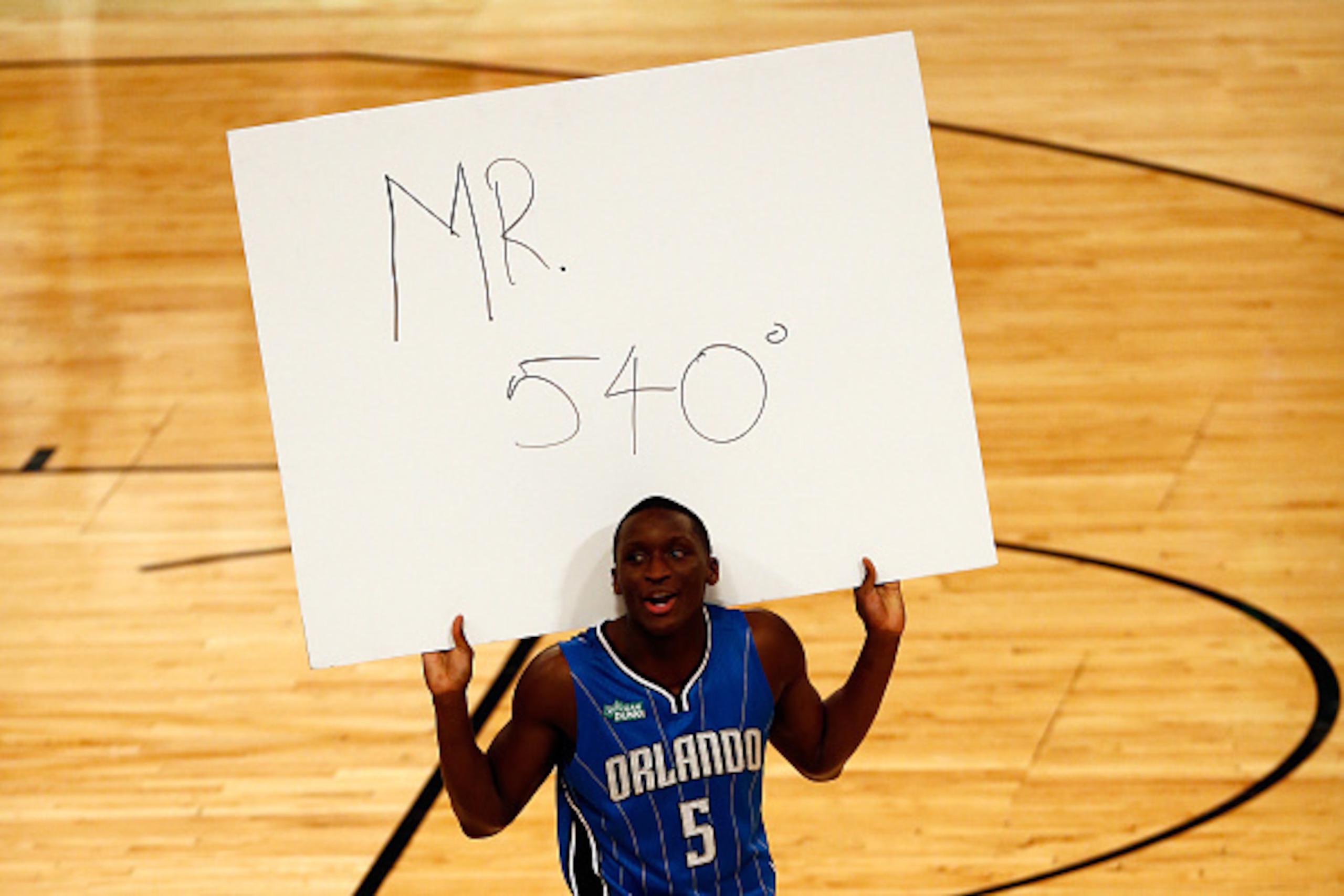 NEW YORK, NY - FEBRUARY 14:  Victor Oladipo #5 of the Orlando Magic holds up a sign that reads Mr. 540 during the Sprite Slam Dunk Contest as part of the 2015 NBA Allstar Weekend at Barclays Center on February 14, 2015 in the Brooklyn borough of New York 