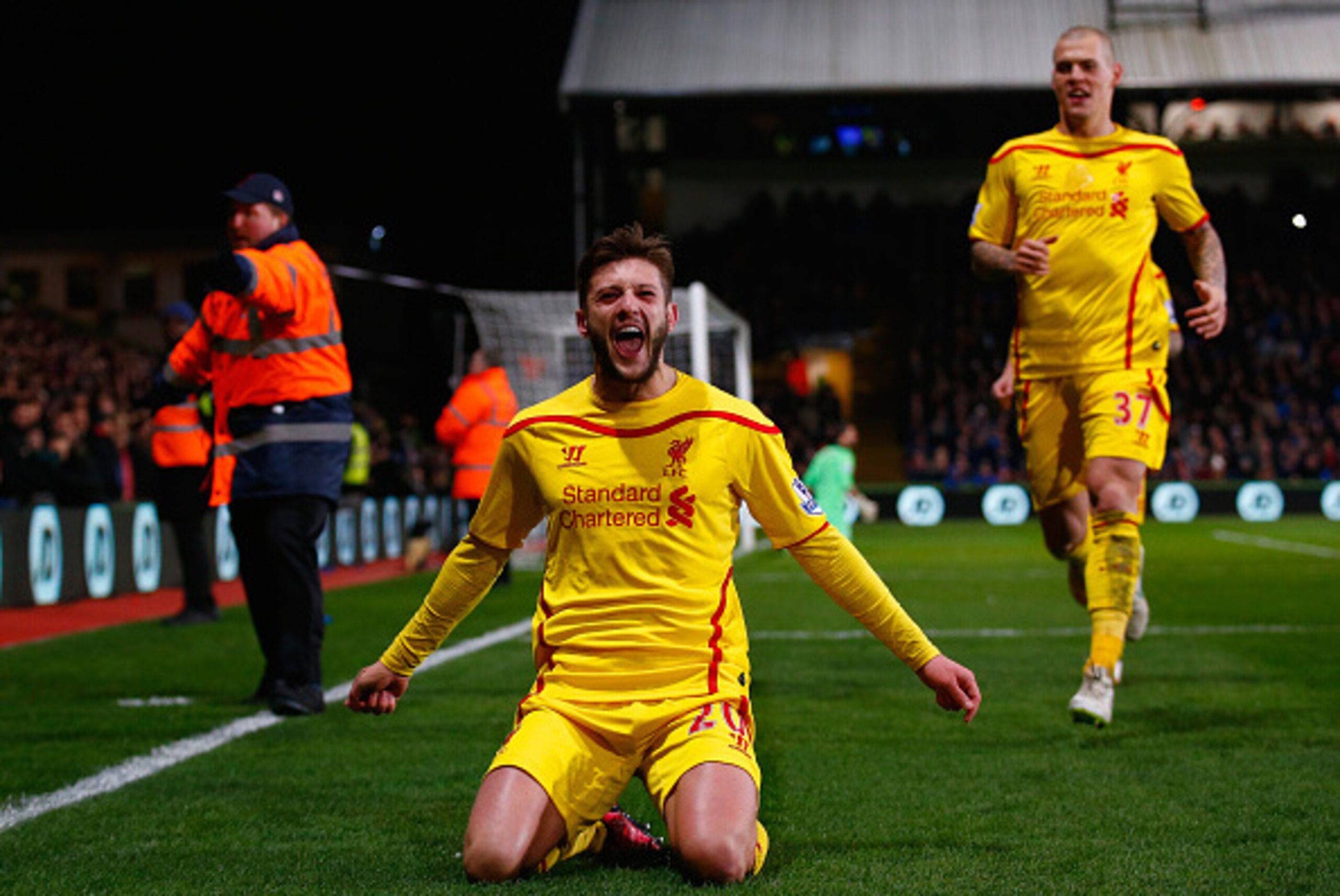 LONDON, ENGLAND - FEBRUARY 14:  Adam Lallana of Liverpool celebrates scoring the second goal during the FA Cup fifth round match between Crystal Palace and Liverpool at Selhurst Park on February 14, 2015 in London, England.  (Photo by Clive Rose/Getty Ima