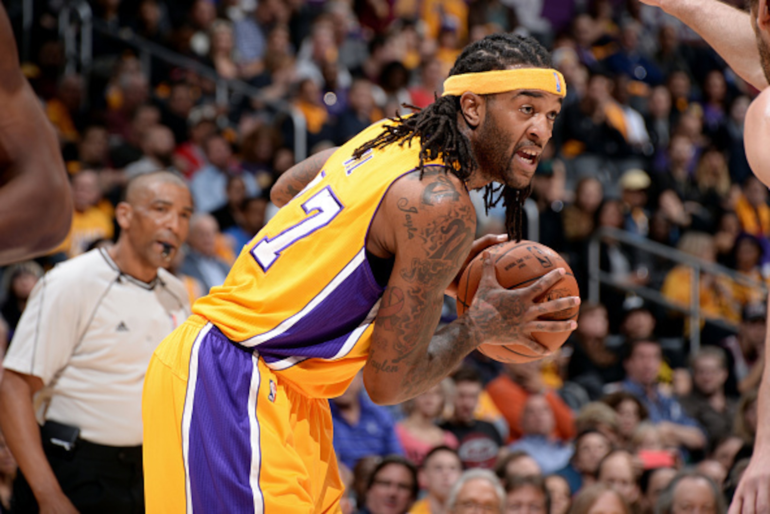 LOS ANGELES, CA - JANUARY 29: Jordan Hill #27 of the Los Angeles Lakers handles the ball against the Chicago Bulls at STAPLES Center on January 29, 2015 in Los Angeles, California. NOTE TO USER: User expressly acknowledges and agrees that, by downloading 