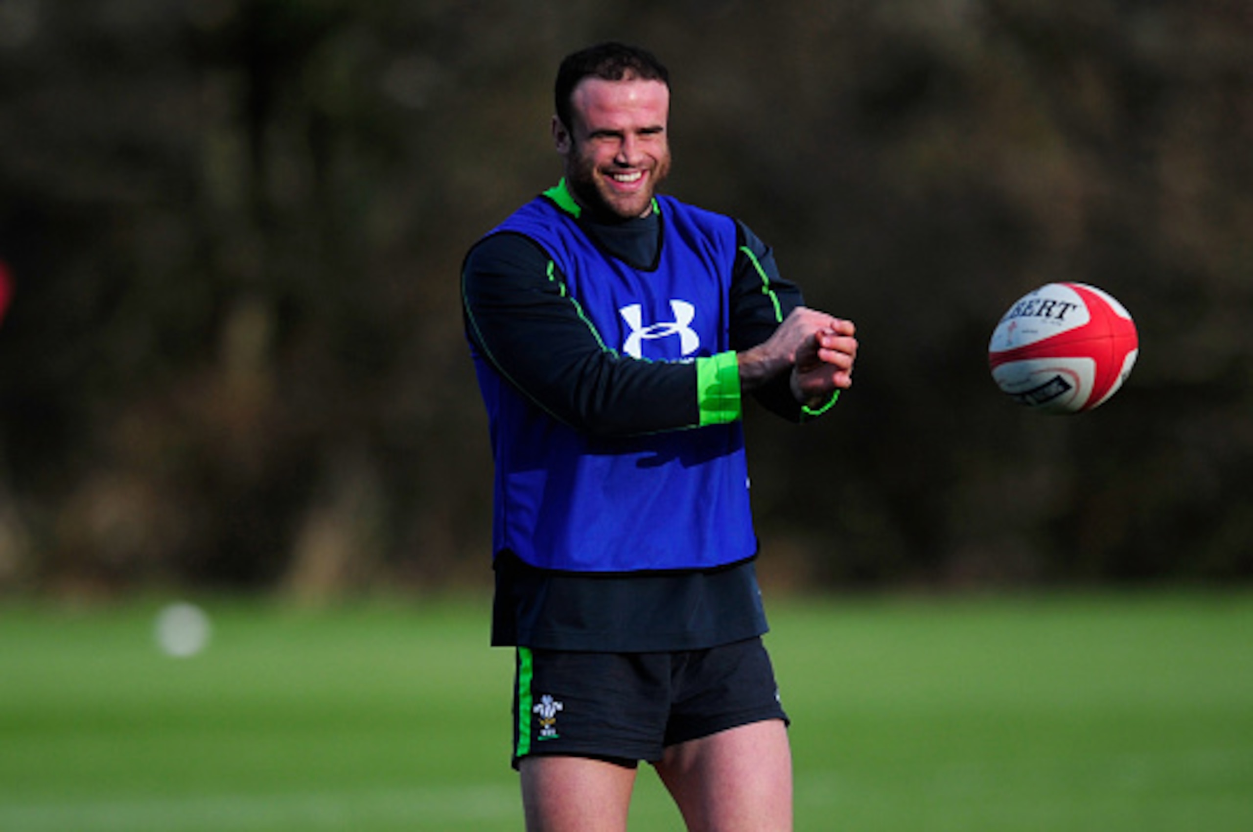 CARDIFF, WALES - FEBRUARY 04:  Wales player Jamie Roberts raises a smile during the Wales open training session ahead of friday's 6 Nations match against England at the Vale Hotel on February 4, 2015 in Cardiff, Wales.  (Photo by Stu Forster/Getty Images)