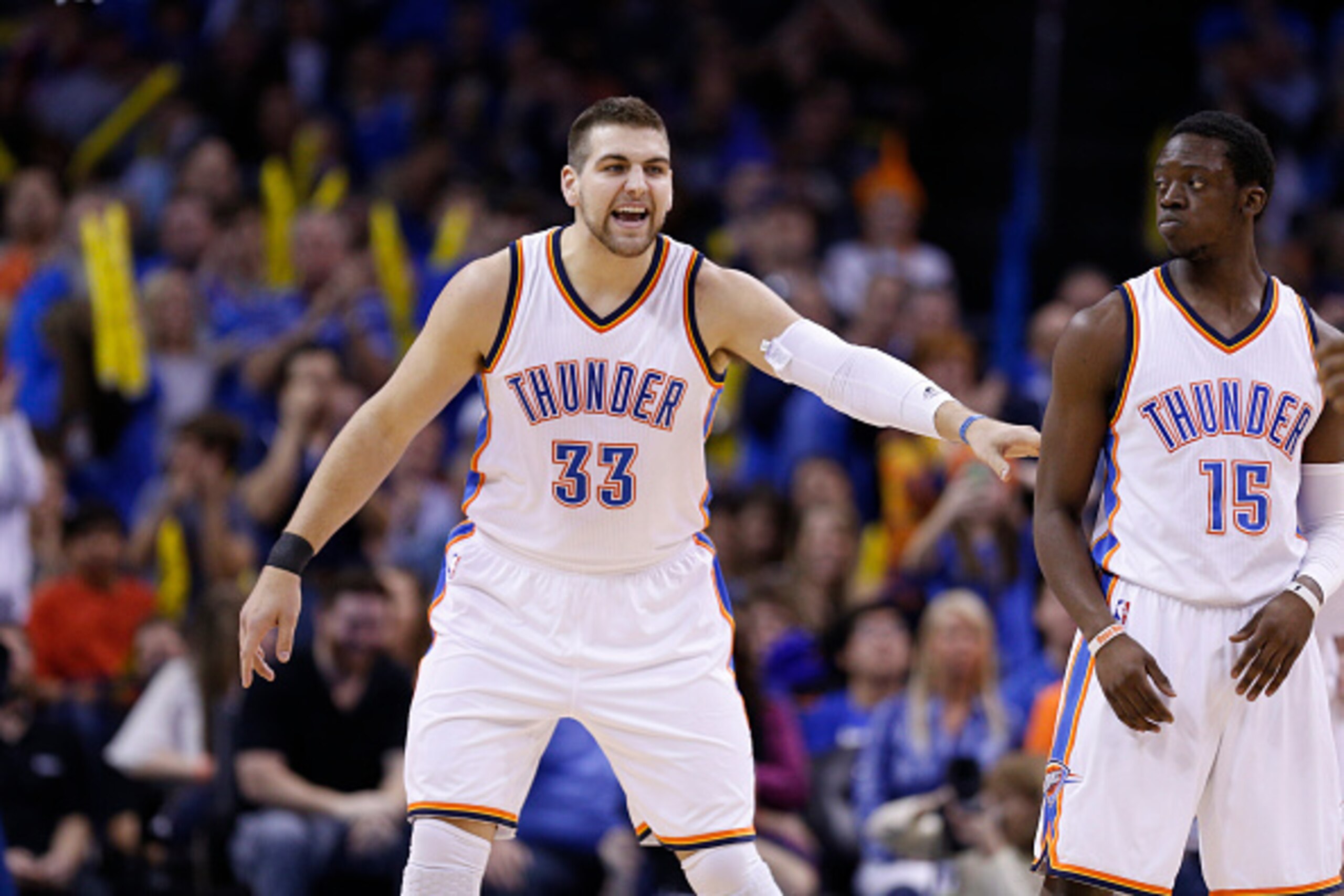 OKLAHOMA CITY, OK - FEBRUARY 8: Mitch McGary #33 of the Oklahoma City Thunder reacts during the second quarter of the game against the Los Angeles Clippers at Chesapeake Energy Arena on February 8, 2015 in Oklahoma City, Oklahoma. NOTE TO USER: User expre