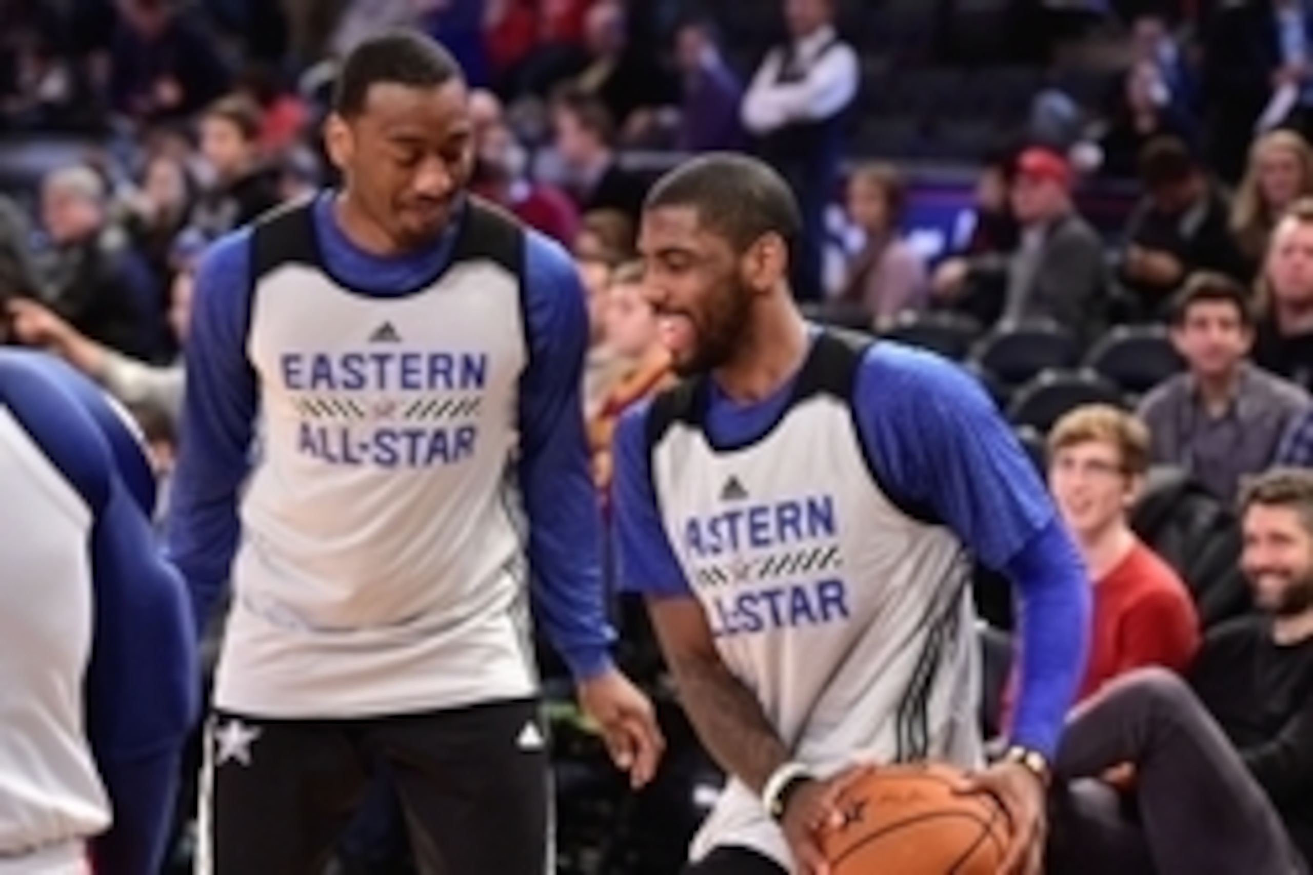 Feb 14, 2015; New York, NY, USA; Eastern Conference guard John Wall of the Washington Wizards (2, left) defends against Eastern Conference guard Kyrie Irving of the Cleveland Cavaliers (2, right) during practice at Madison Square Garden. Mandatory Credit: