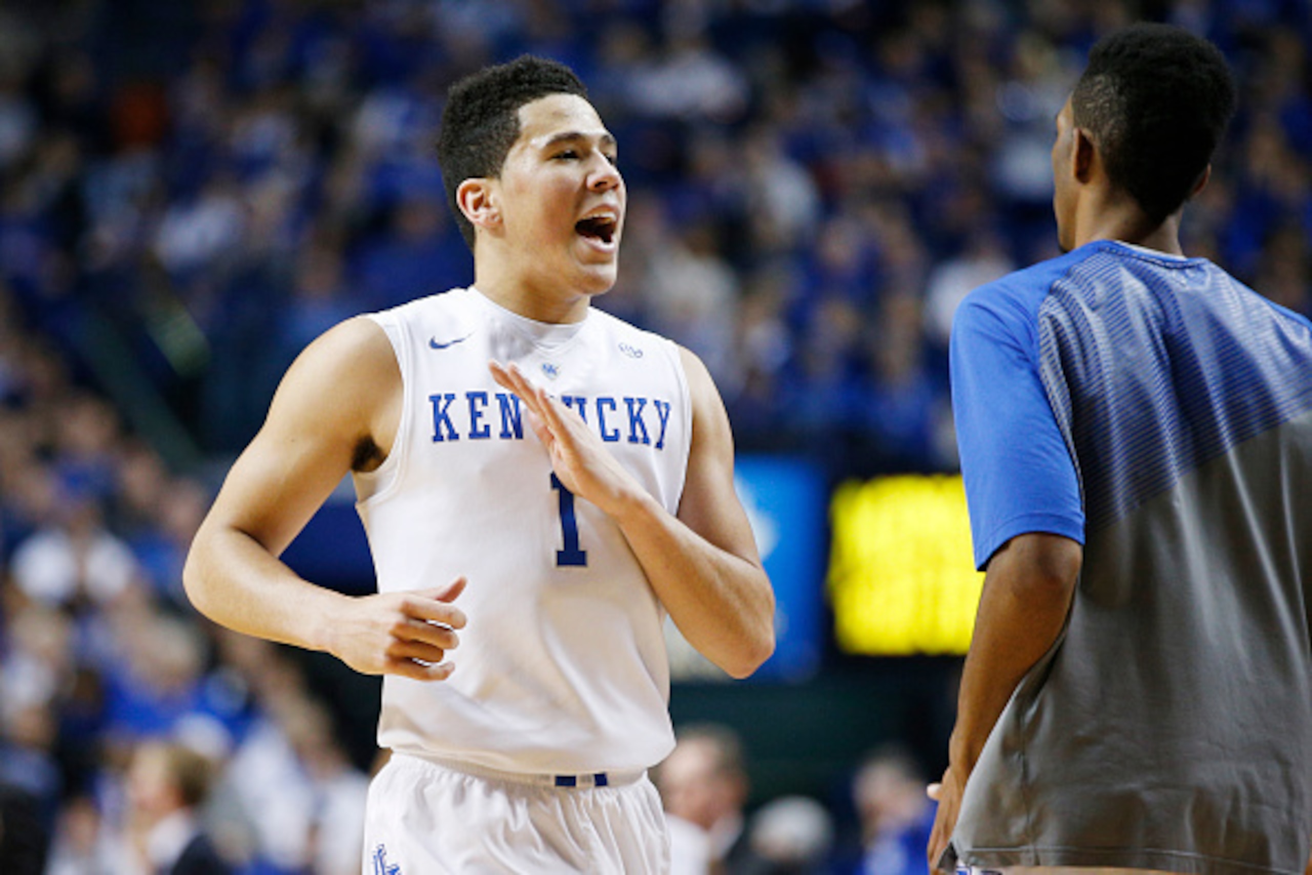 LEXINGTON, KY - FEBRUARY 3: Devin Booker #1 of the Kentucky Wildcats celebrates against the Georgia Bulldogs during the game at Rupp Arena on February 3, 2015 in Lexington, Kentucky. Kentucky defeated Georgia 69-58. (Photo by Joe Robbins/Getty Images)