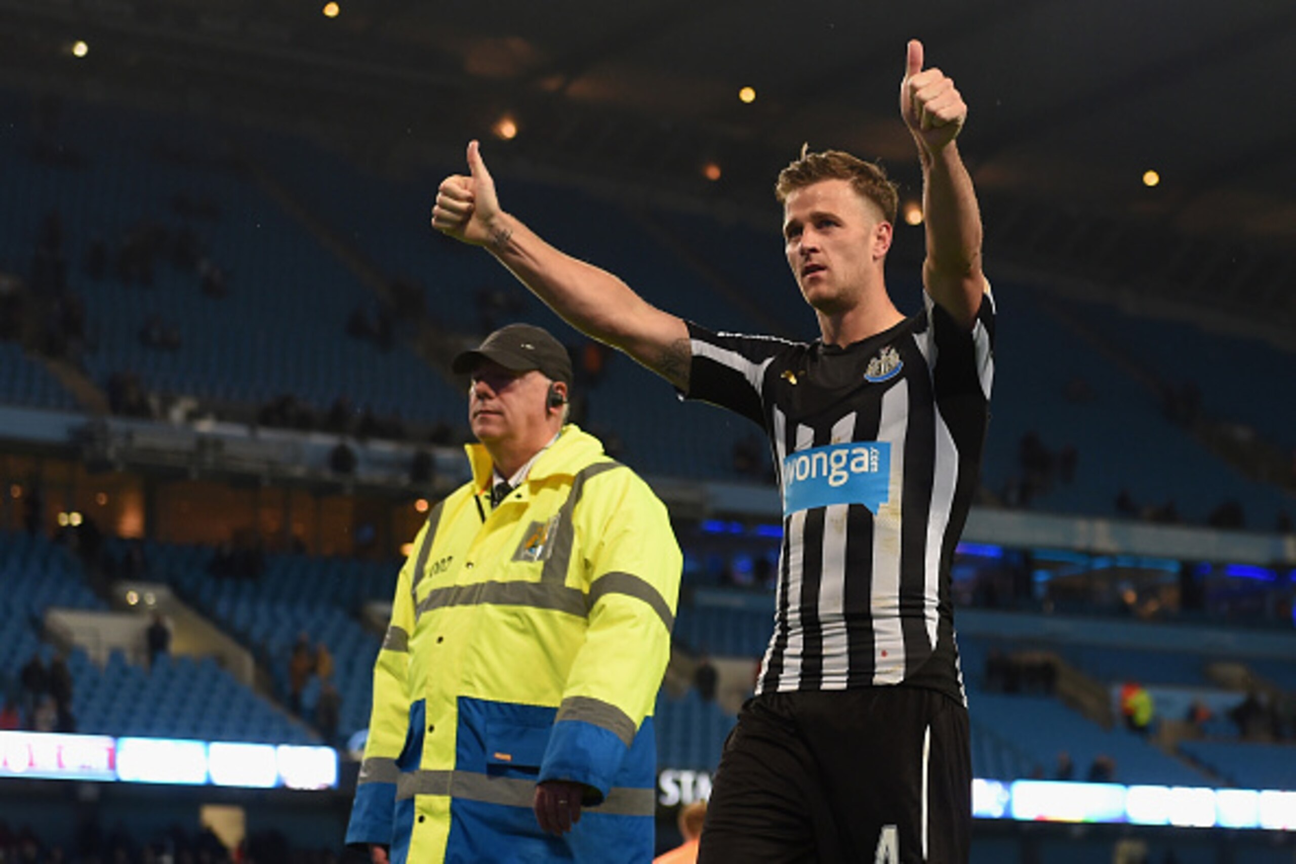 MANCHESTER, ENGLAND - OCTOBER 29:  Ryan Taylor of Newcastle United applauds the fans after the 2-0 victory in the Capital One Cup Fourth Round match between Manchester City and Newcastle United at Etihad Stadium on October 29, 2014 in Manchester, England.