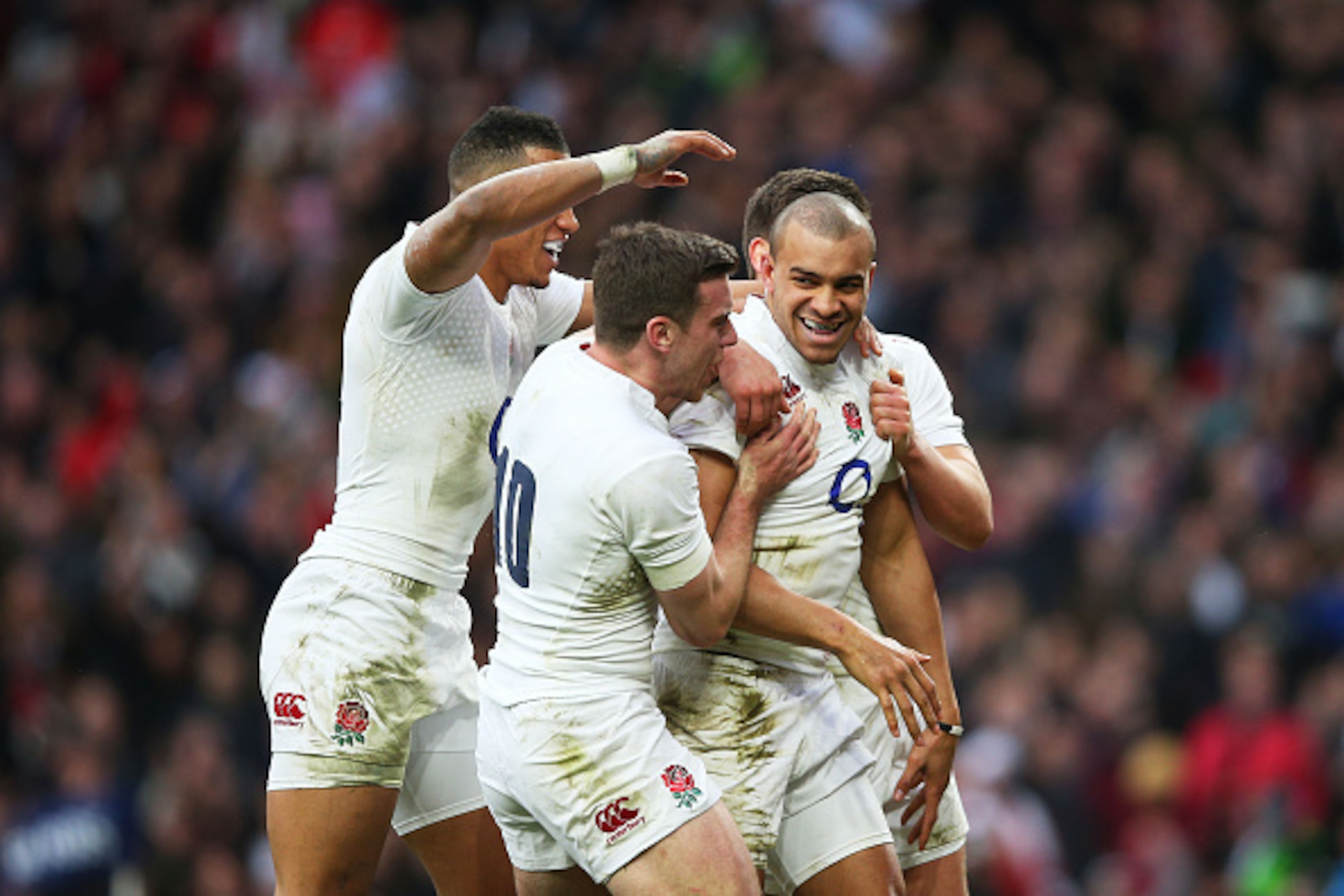 LONDON, ENGLAND - FEBRUARY 14:  Jonathan Joseph of England celebrates scoring his team's second try during the RBS Six Nations match between England and Italy at Twickenham Stadium on February 14, 2015 in London, England.  (Photo by Paul Gilham/Getty Imag