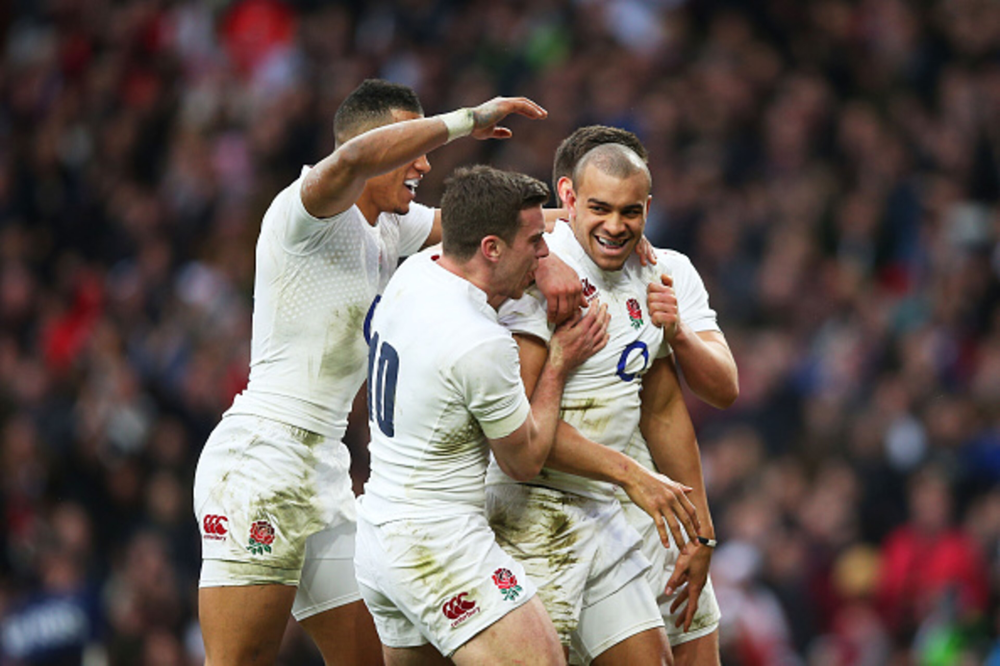 LONDON, ENGLAND - FEBRUARY 14:  Jonathan Joseph of England celebrates scoring his team's second try during the RBS Six Nations match between England and Italy at Twickenham Stadium on February 14, 2015 in London, England.  (Photo by Paul Gilham/Getty Imag
