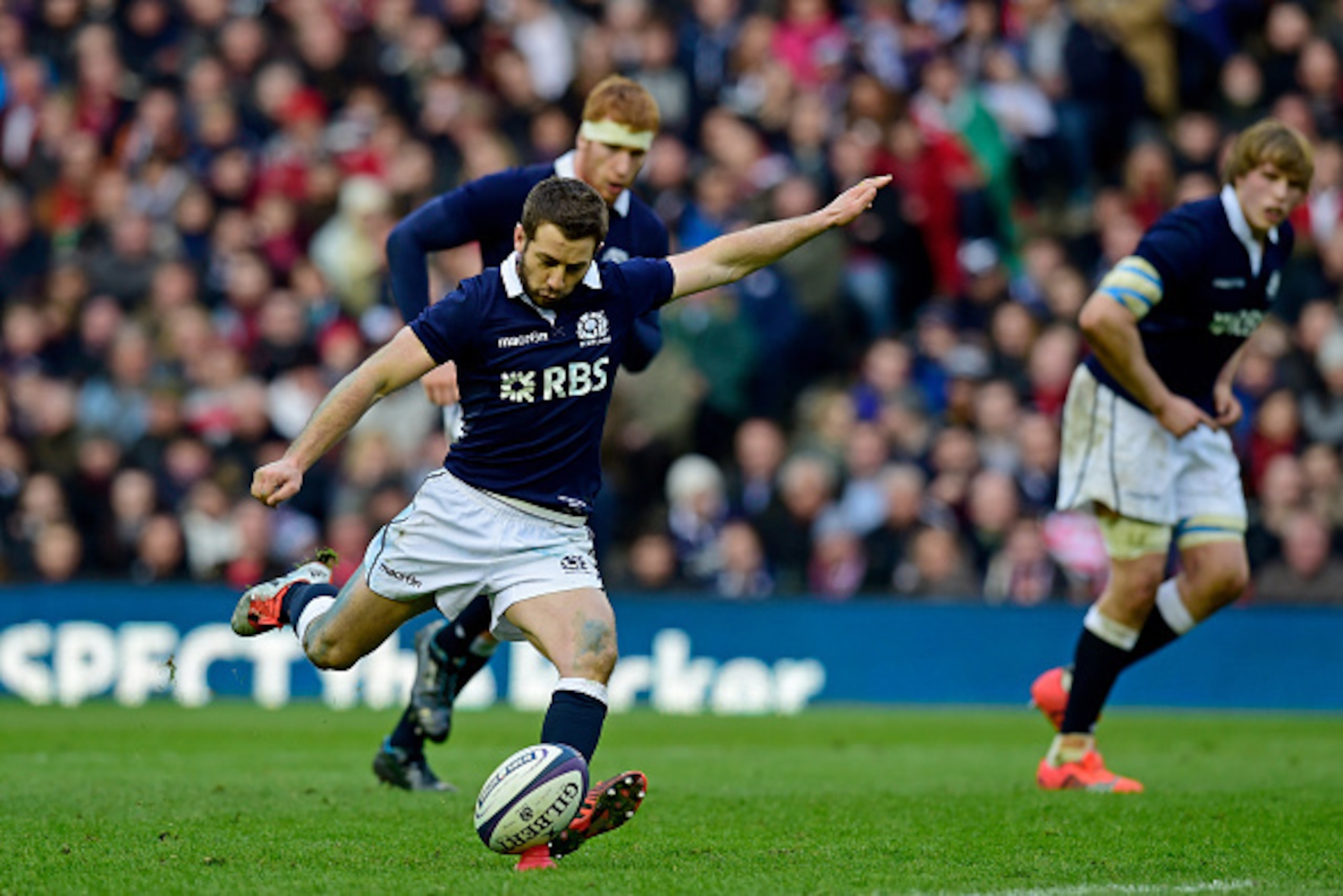 EDINBURGH, SCOTLAND - FEBRUARY 15:  Greig Laidlaw of Scotland kicks a penalty during the RBS Six Nations match between Scotland and Wales at Murrayfield Stadium on February 15, 2015 in Edinburgh, Scotland.  (Photo by Stu Forster/Getty Images)