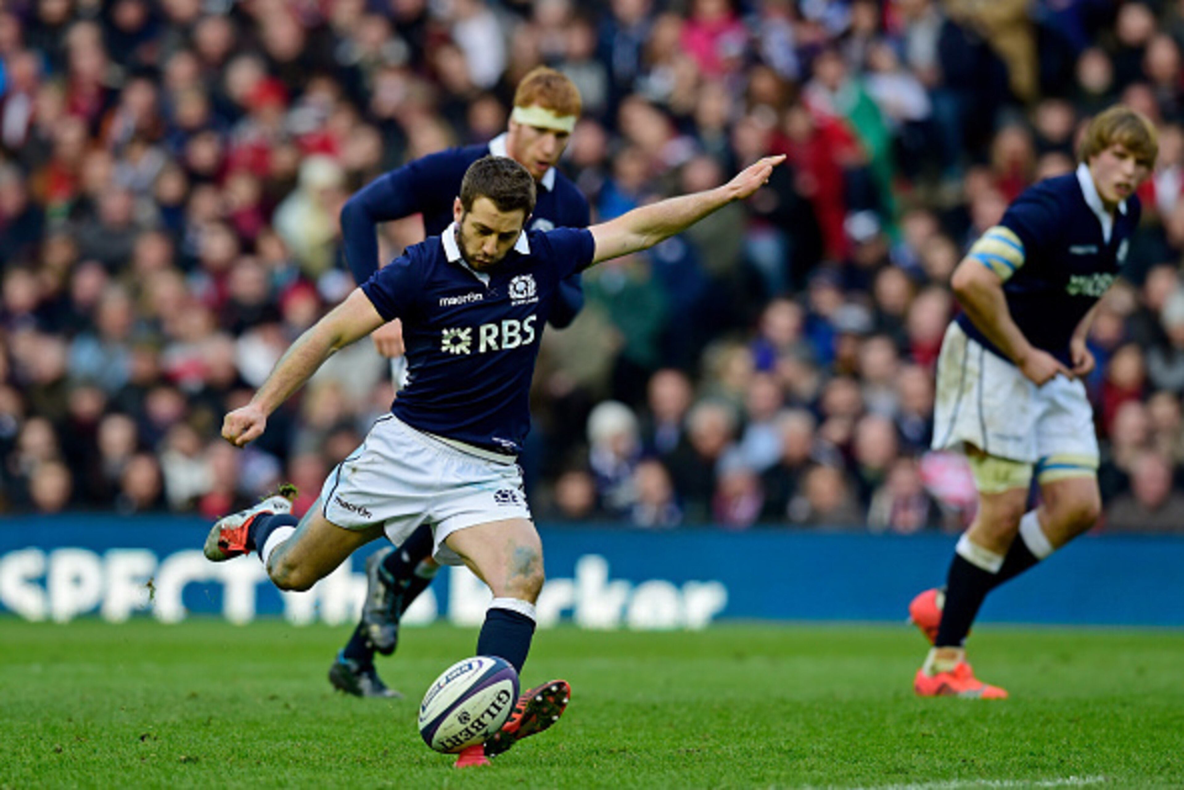 EDINBURGH, SCOTLAND - FEBRUARY 15:  Greig Laidlaw of Scotland kicks a penalty during the RBS Six Nations match between Scotland and Wales at Murrayfield Stadium on February 15, 2015 in Edinburgh, Scotland.  (Photo by Stu Forster/Getty Images)