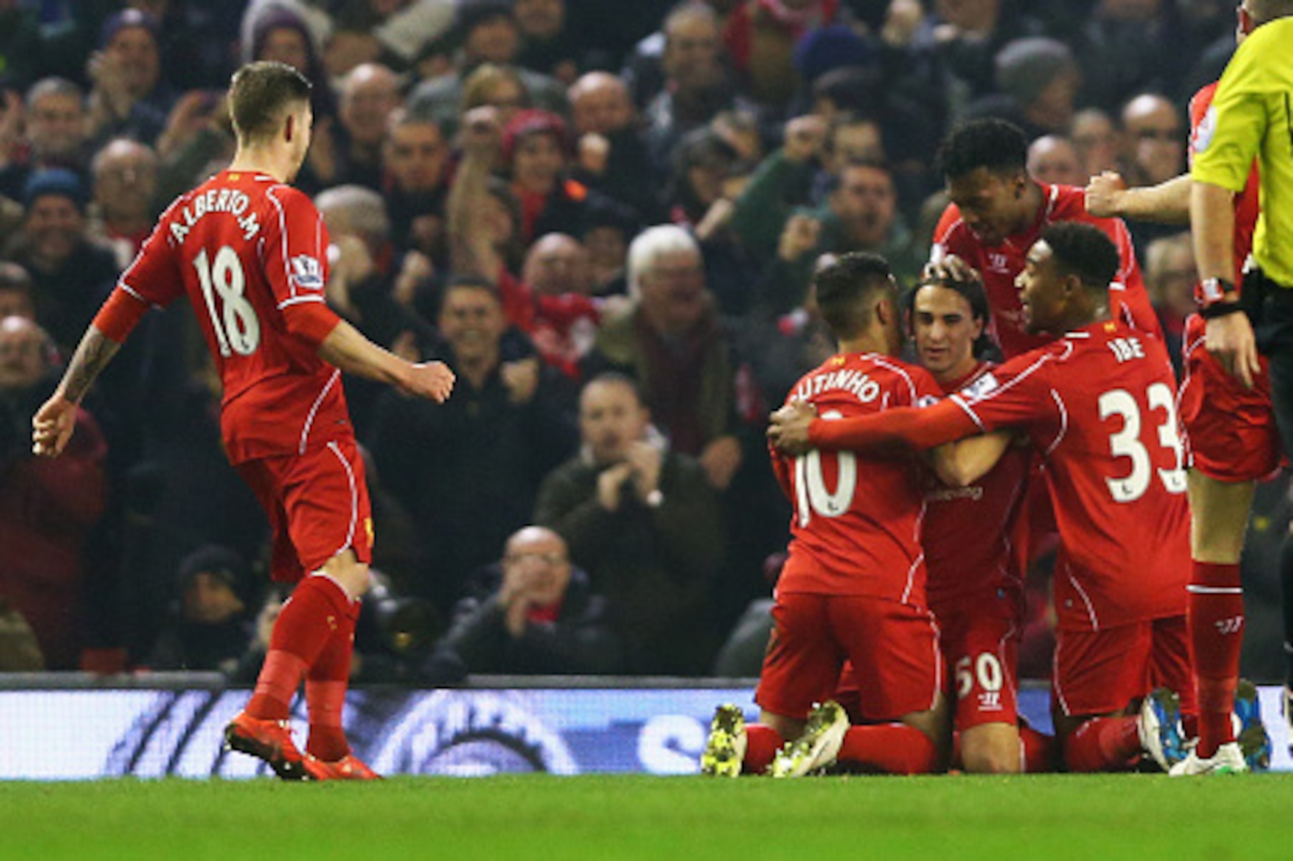 LIVERPOOL, ENGLAND - FEBRUARY 10: Lazar Markovic of Liverpool celebrates his goal with team mates during the Barclays Premier League match between Liverpool and Tottenham Hotspur at Anfield on February 10, 2015 in Liverpool, England. (Photo by Clive Brun LIVERPOOL, ENGLAND - FEBRUARY 10: Lazar Markovic of Liverpool celebrates his goal with team mates during the Barclays Premier League match between Liverpool and Tottenham Hotspur at Anfield on February 10, 2015 in Liverpool, England. (Photo by Clive Brun