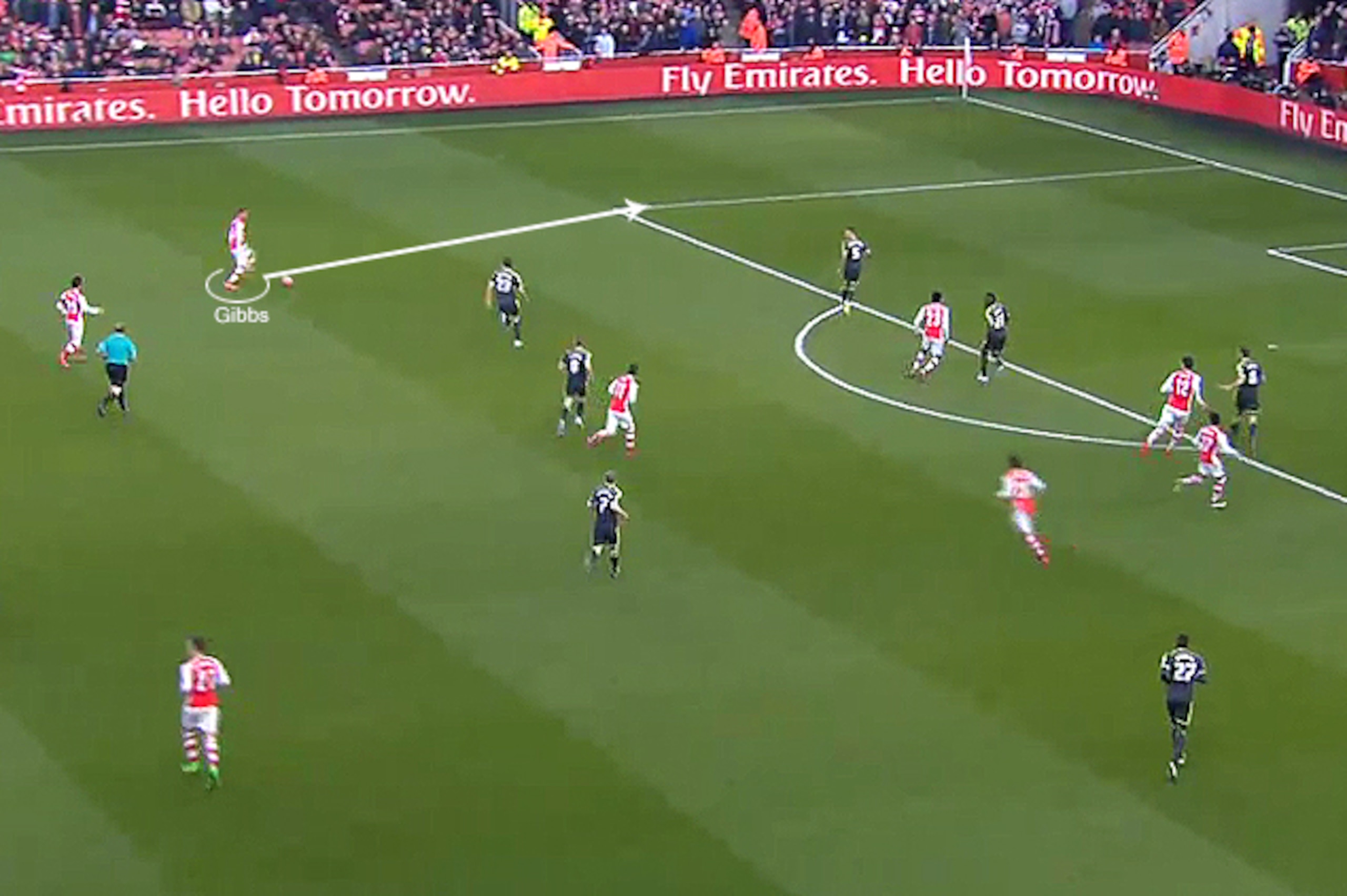 Counters, pinpoint passes and more: Gibbs' overlap was a weapon for Arsenal throughout the game.