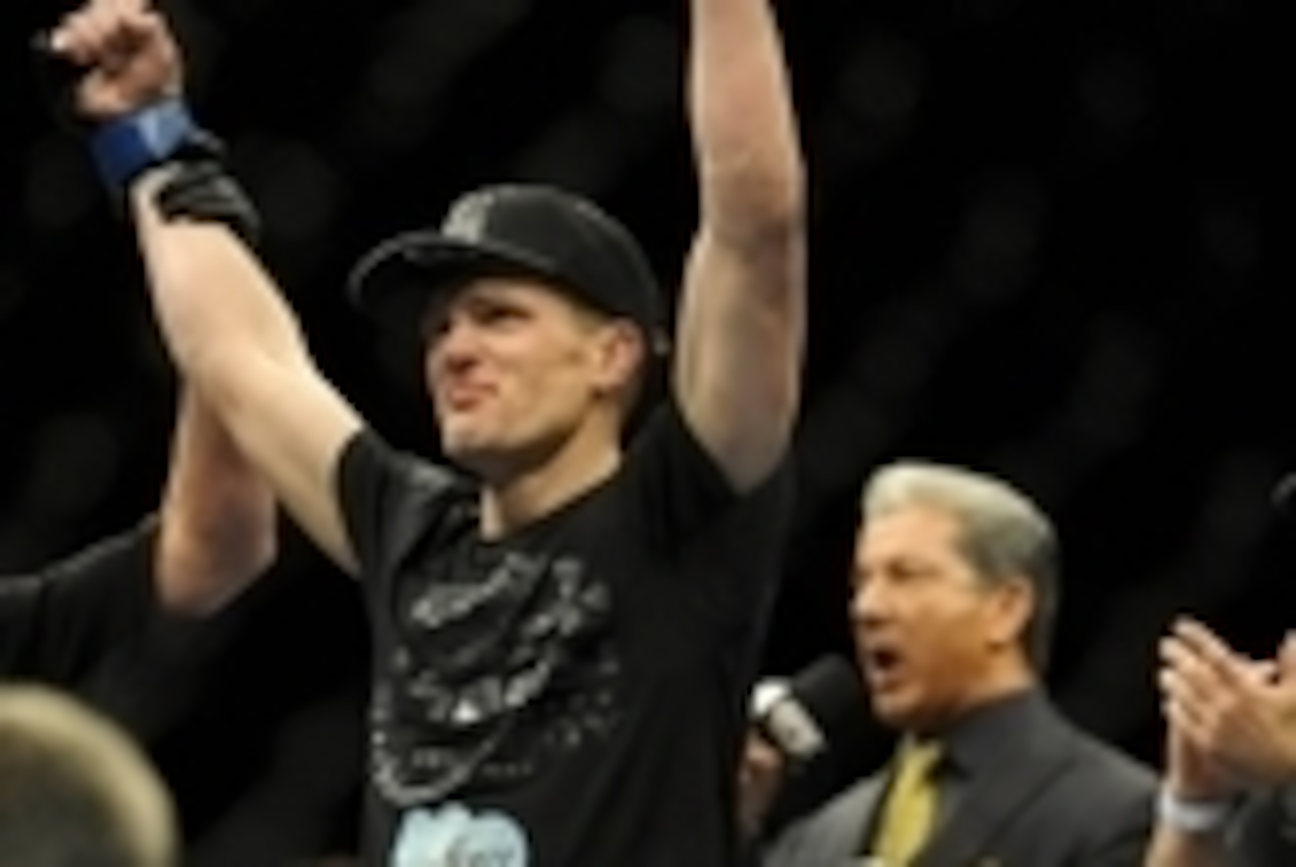 Feb 22, 2014; Las Vegas, NV, USA; Stephen Thompson celebrates his victory over Robert Whittaker (not pictured) during their UFC welterweight bout at Mandalay Bay. Thompson won with a TKO in the first round. Mandatory Credit: Stephen R. Sylvanie-USA TODAY 