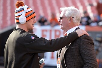 CLEVELAND, OH - DECEMBER 07:  Johnny Manziel #2 of the Cleveland Browns talks with owner Jimmy Haslam prior to the game against the Indianapolis Colts at FirstEnergy Stadium on December 7, 2014 in Cleveland, Ohio.  (Photo by Jason Miller/Getty Images)