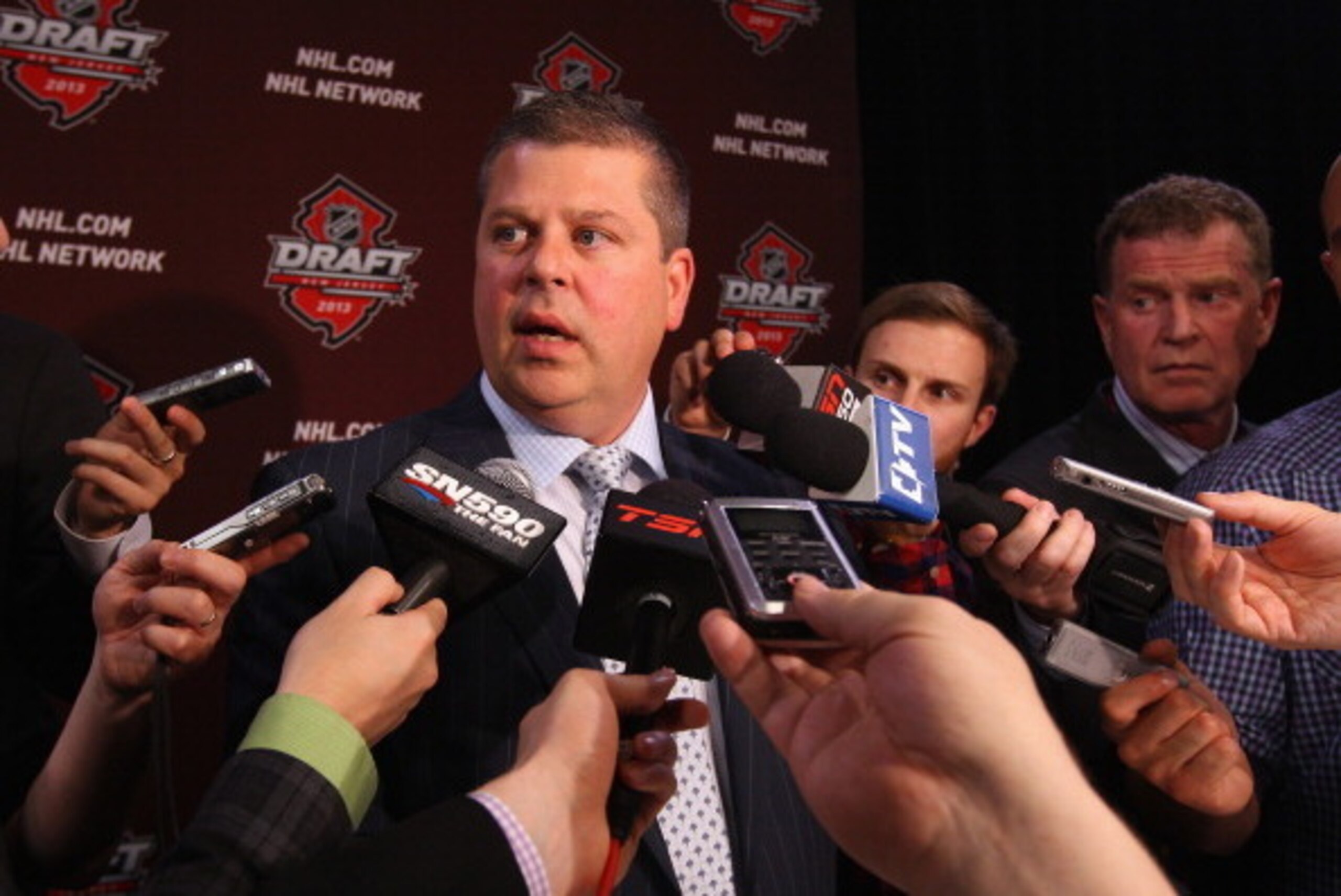 NEWARK, NJ - JUNE 30: Dave Nonis, GM of the Toronto Maple Leafs speaks with the media during the 2013 NHL Draft at the Prudential Center on June 30, 2013 in Newark, New Jersey.  (Photo by Mike Stobe/Getty Images)