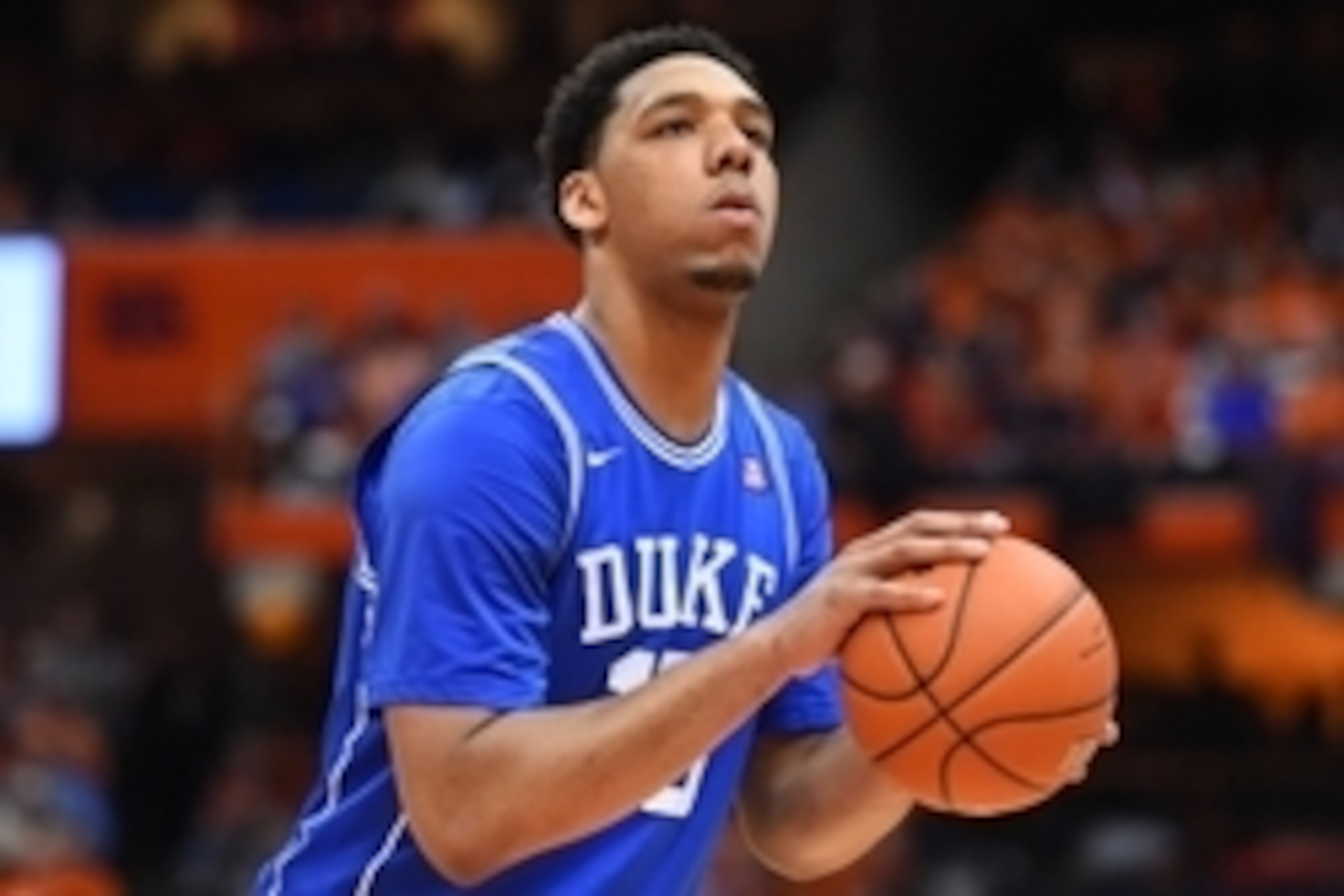 Feb 14, 2015; Syracuse, NY, USA; Duke Blue Devils center Jahlil Okafor (15) prepares to shoot a free throw against the Syracuse Orange during the second halfat the Carrier Dome.  Duke defeated Syracuse 80-72.  Mandatory Credit: Rich Barnes-USA TODAY Sport