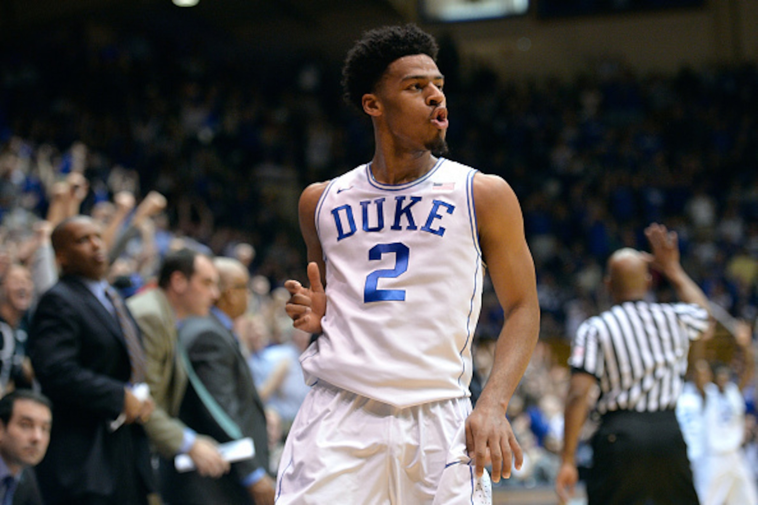 DURHAM, NC - FEBRUARY 07:  Quinn Cook #2 of the Duke Blue Devils reacts after making a three-point basket against the Notre Dame Fighting Irish during their game at Cameron Indoor Stadium on February 7, 2015 in Durham, North Carolina.  (Photo by Grant Hal
